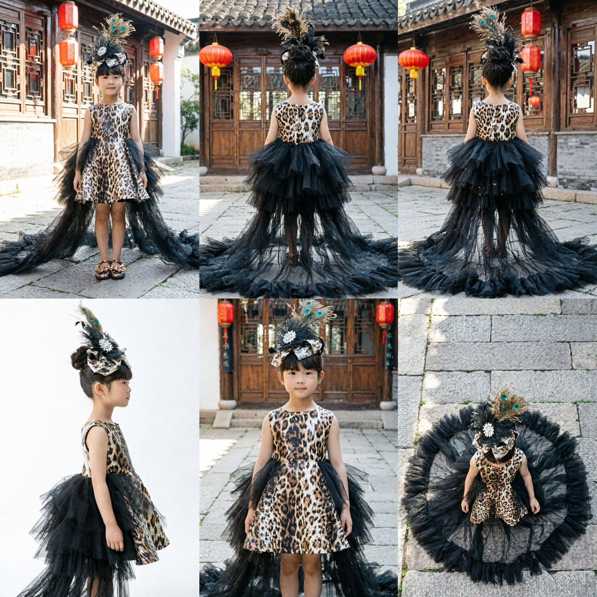 Kids Girls Black Sequin Dance Costume with Peacock Feather Headpiece and Long Tulle Train for Stage Performance - Asian Costume