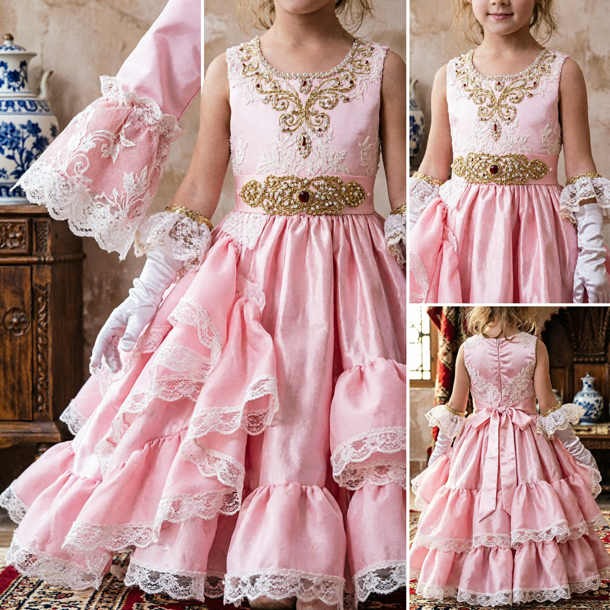 Elegant Pink Princess Ball Gown for Girls Kids Formal Wedding Party Dress with Lace Ruffles - Asian Costume