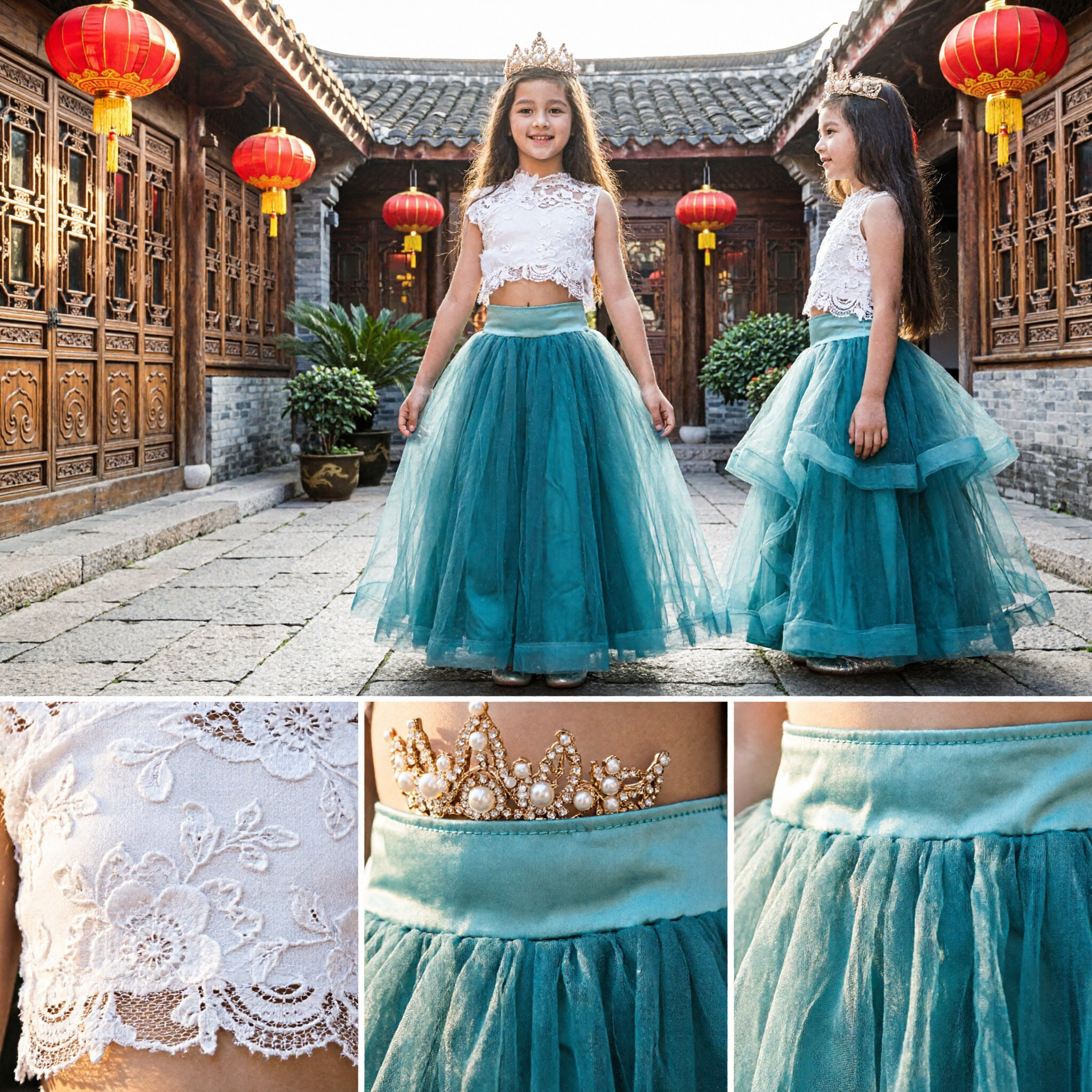 Kids Girls Blue Princess Two Piece Lace Top and Long Tulle Skirt Set for Pageant Flower Girl - Asian Costume