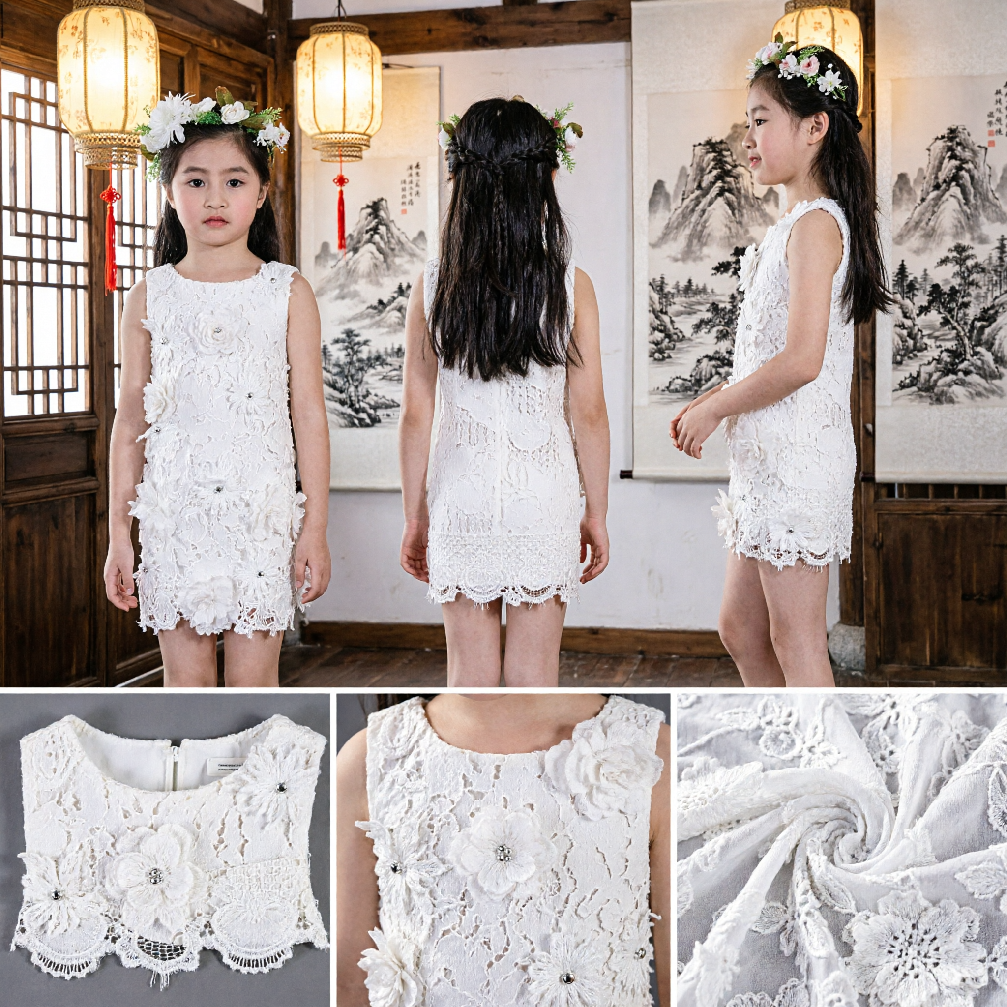 Elegant White Lace Floral Dress for Kids Girls Wedding Flower Girl Party Princess Gown - Asian Costume