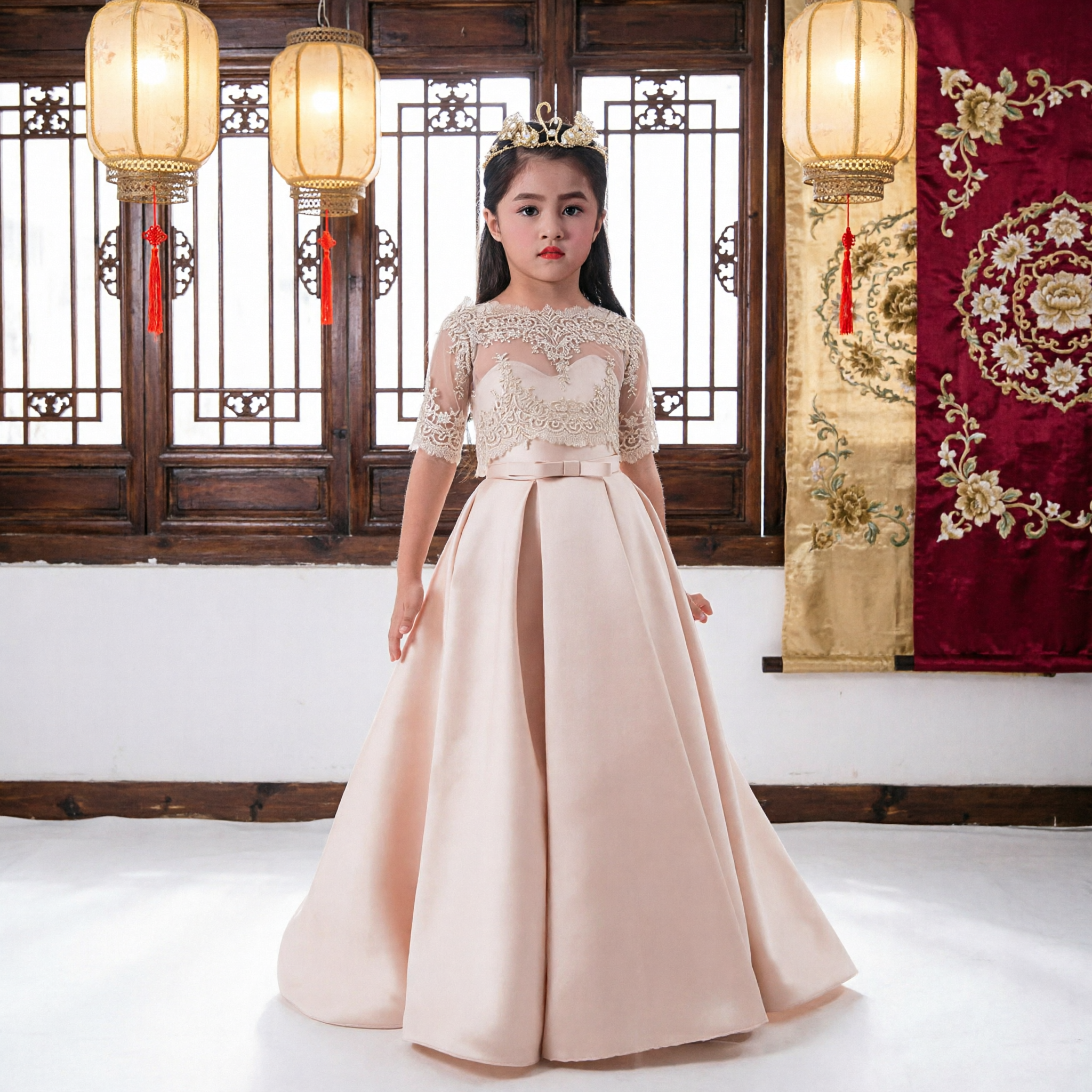 Elegant Blush Pink Flower Girl Dress Long Satin Gown with Lace Bodice for Kids Wedding Pageant - Asian Costume