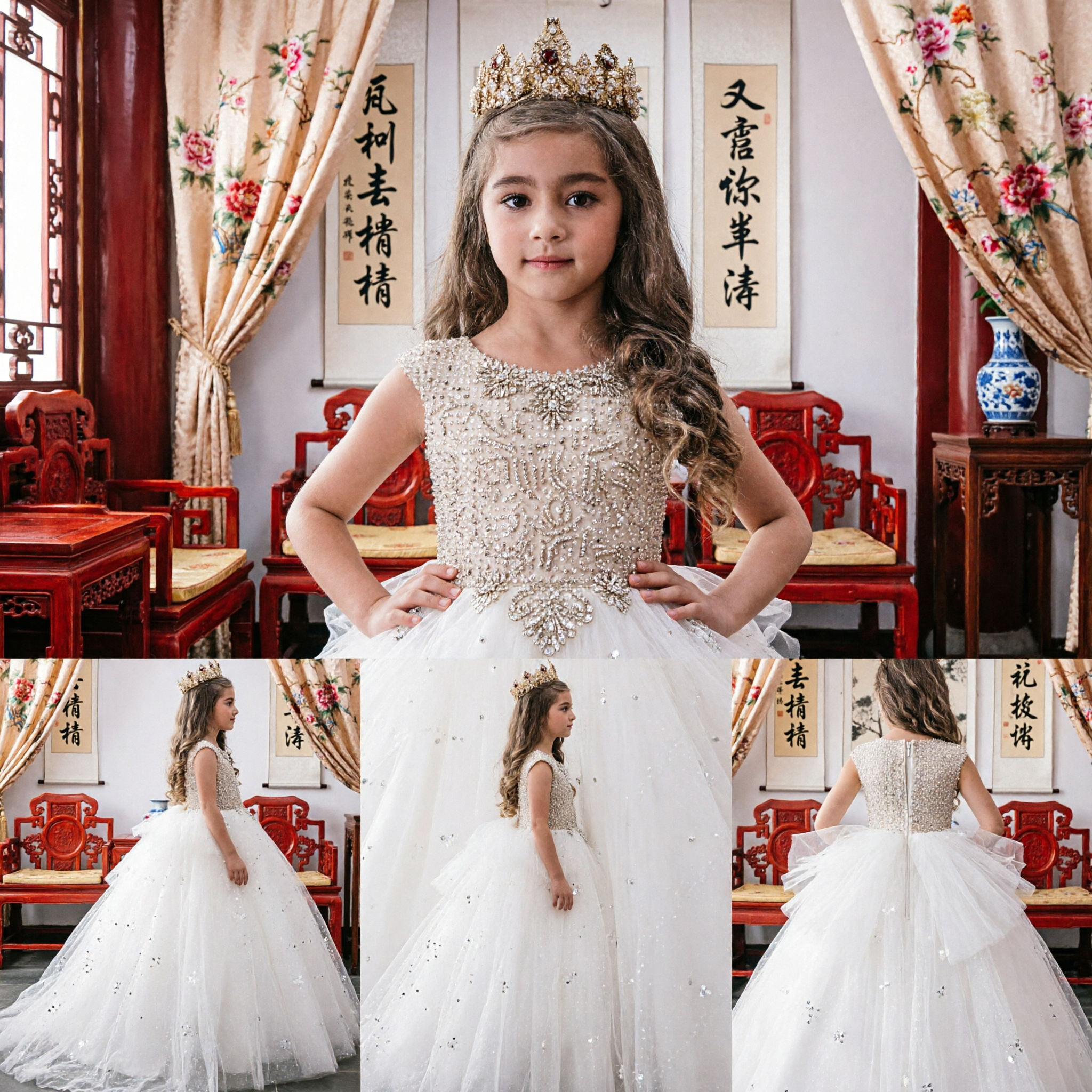 Elegant White Sequined Bodice Tulle Ball Gown Dress for Girls Wedding Flower Girl Pageant Party - Asian Costume