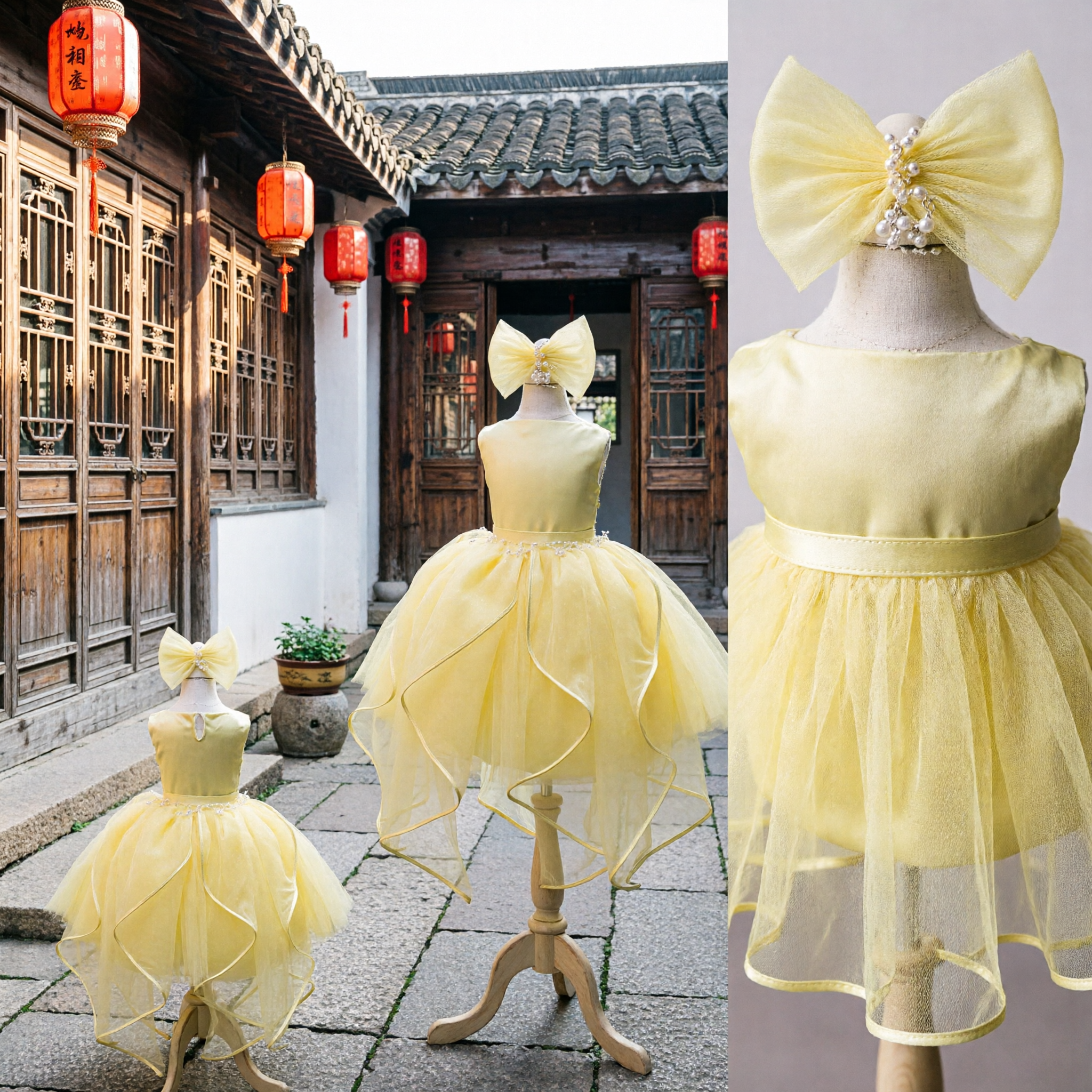 Yellow Princess Flower Girl Dress with Large Bow Headband Beaded Bodice Pageant Gown for Kids - Asian Costume