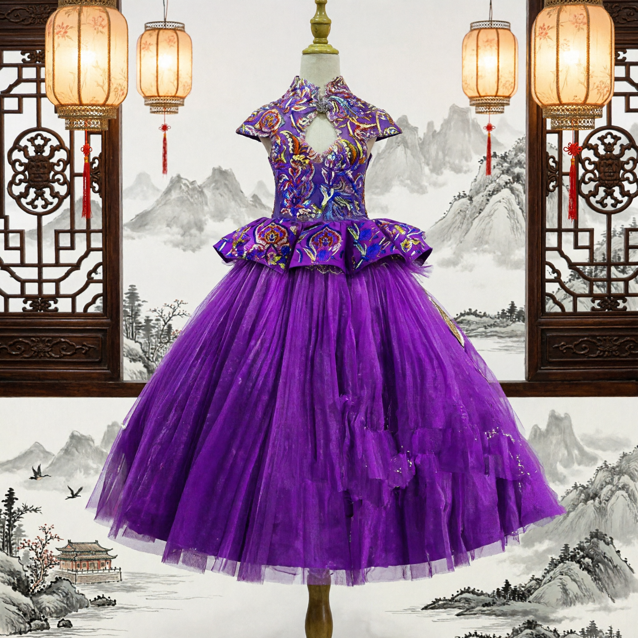 Girls Purple Chinese Style Cheongsam Dress Embroidered Floral Bodice Tulle Ballgown for Wedding Party Performance - Asian Costume