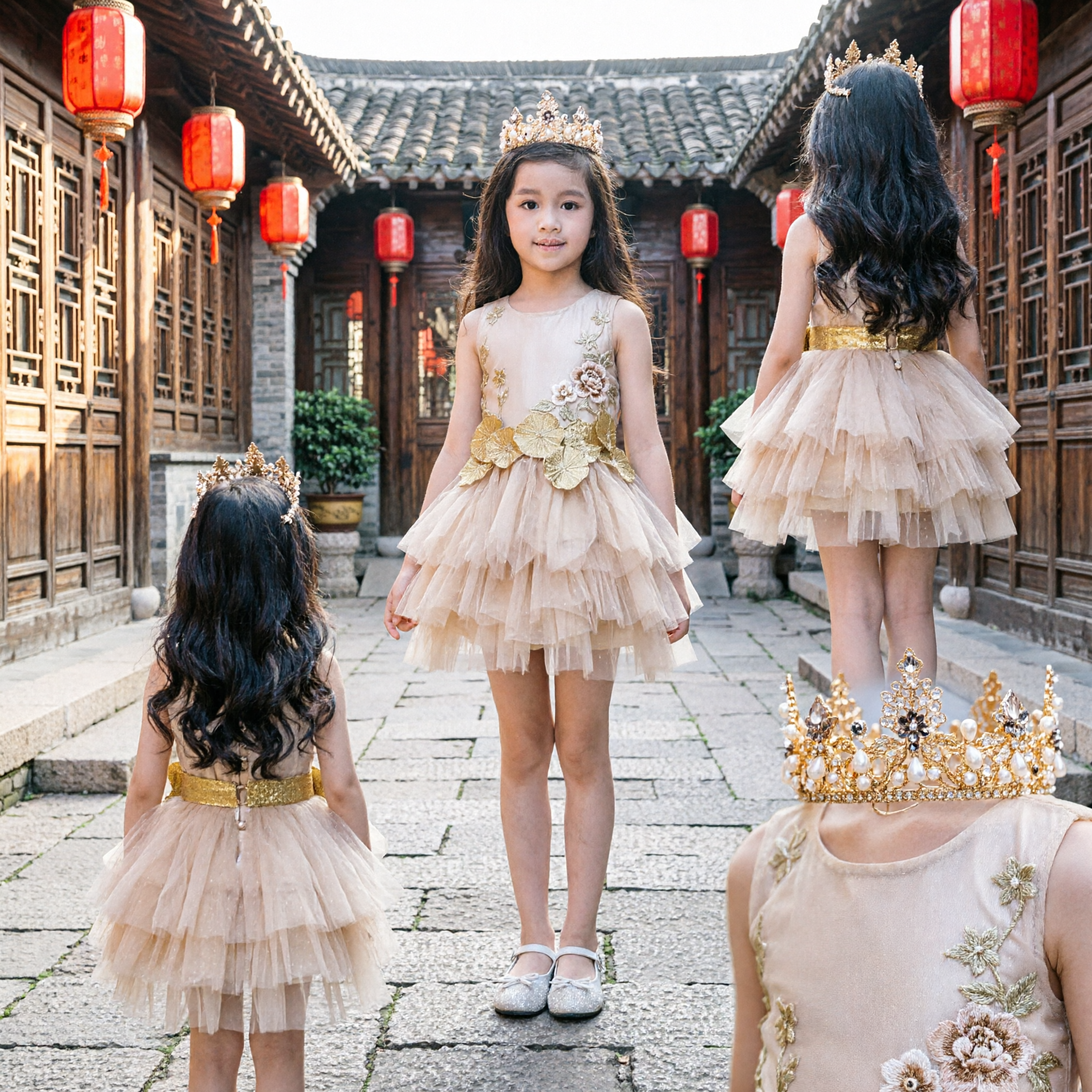 Girls Champagne Gold Princess Dress Floral Embroidery Tiered Tulle Skirt Wedding Party Flower Girl Gown - Asian Costume