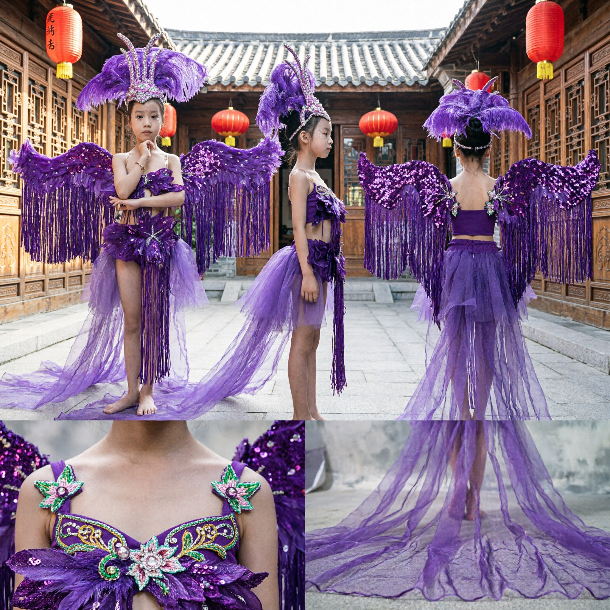Kids Purple Samba Carnival Costume with Feather Wings Headdress Sequin Dress for Stage Dance Performance - Asian Costume