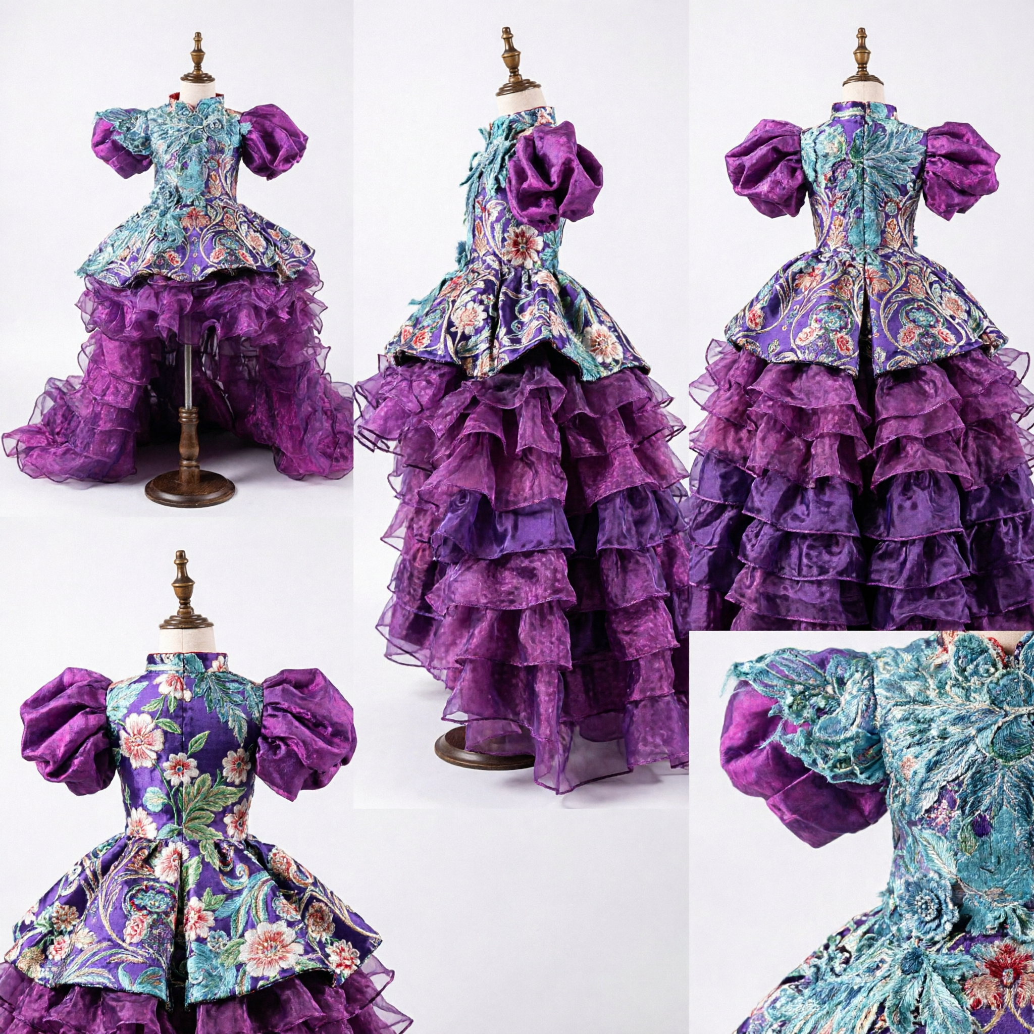 Women's Purple Baroque Rococo Ball Gown Costume with Floral Bodice and Ruffled Skirt for Stage Performance - Asian Costume
