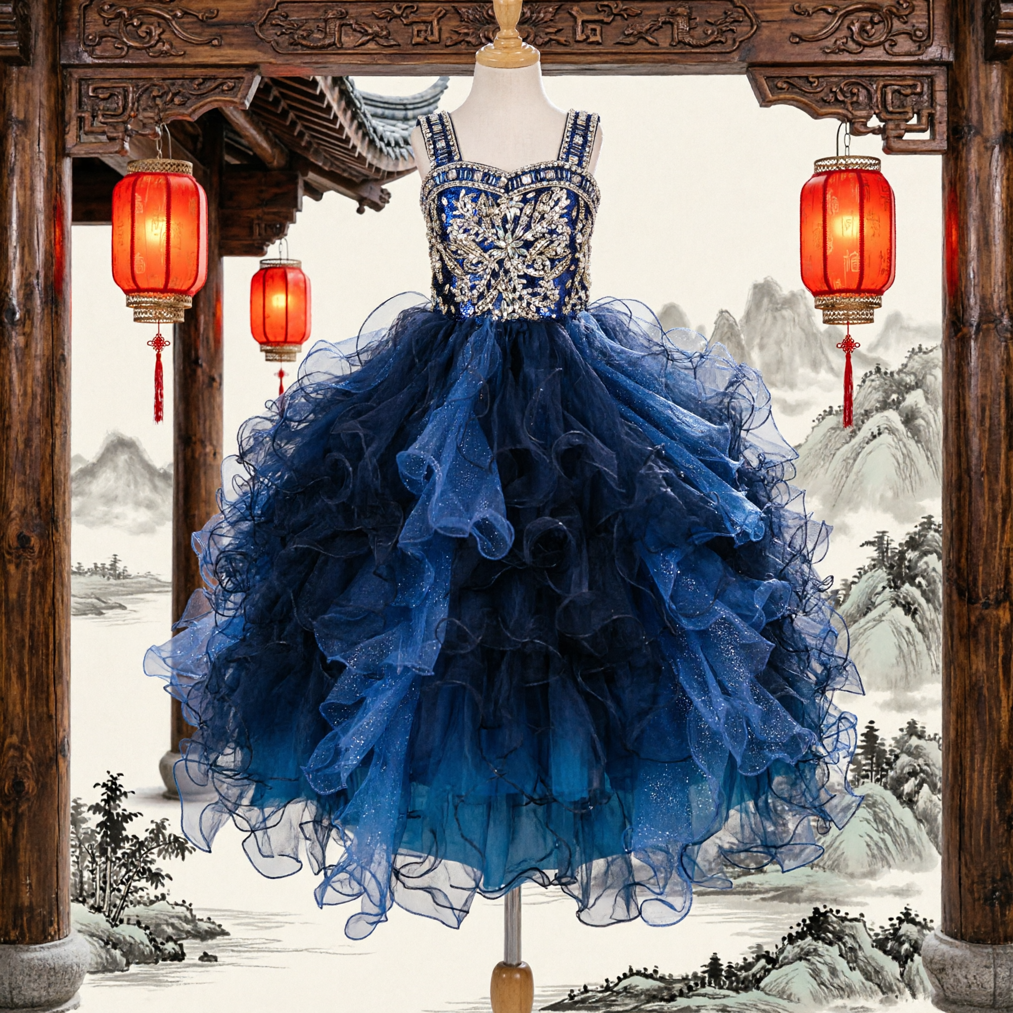 Girls Navy Blue Pageant Dress Beaded Bodice Layered Tulle Ball Gown Formal Wedding Flower Girl Party Costume - Asian Costume