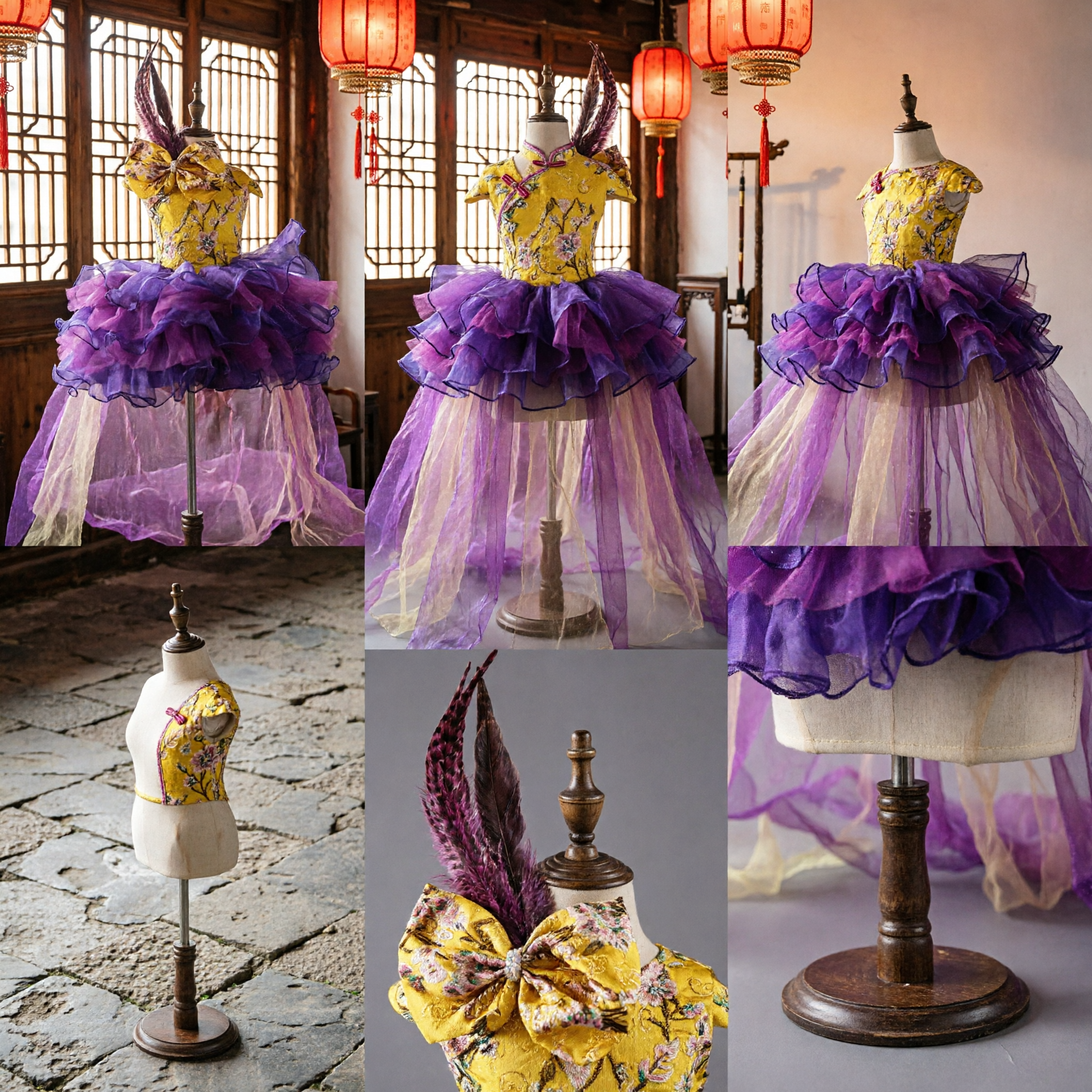 Kids Girls Latin Dance Dress Yellow Floral Bodice Purple Ruffle Skirt Ballroom Performance Costume with Feather Headpiece - Asian Costume