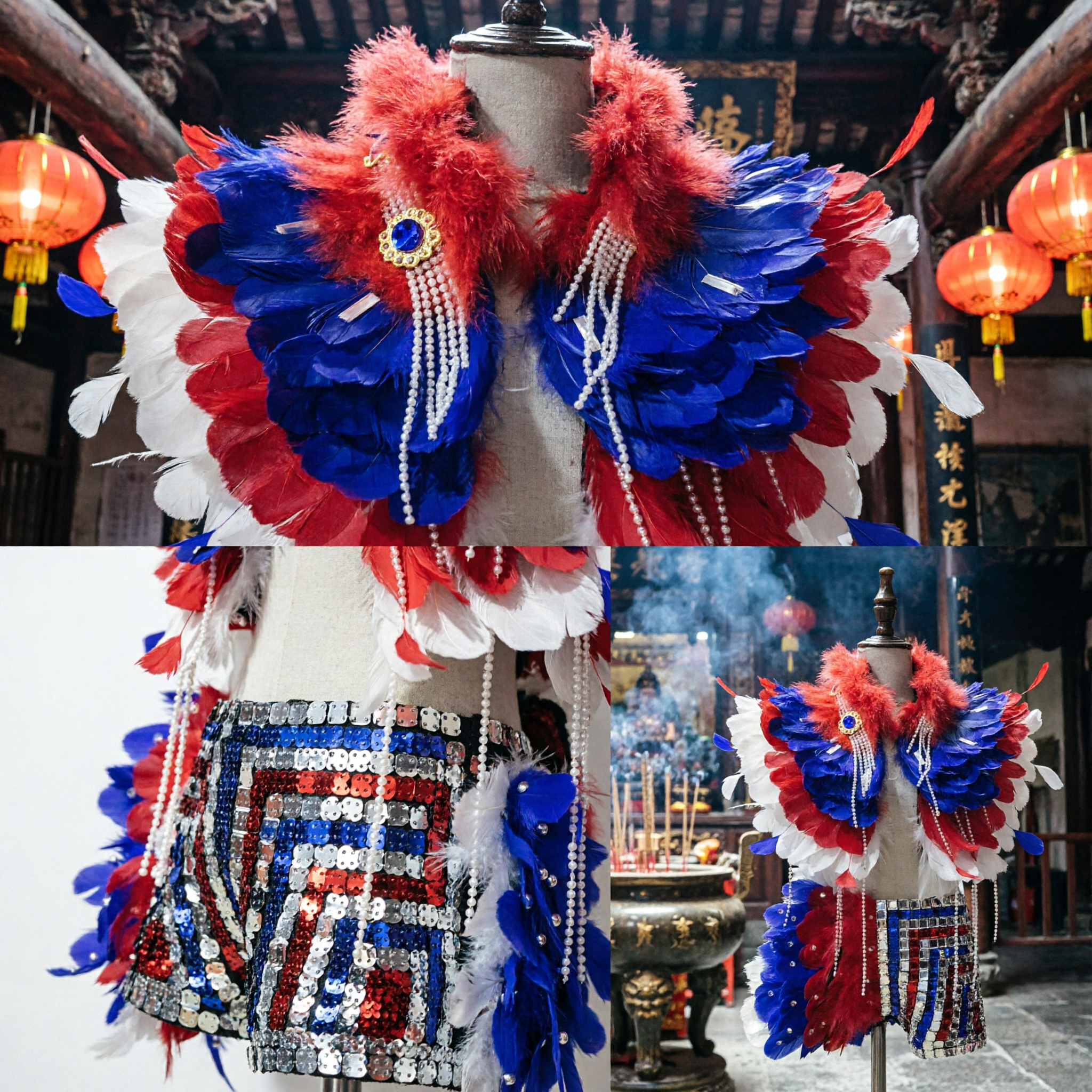 Women's Red White Blue Feather Cape Collar and Rhinestone Skirt for Carnival Parade Stage Performance - Asian Costume