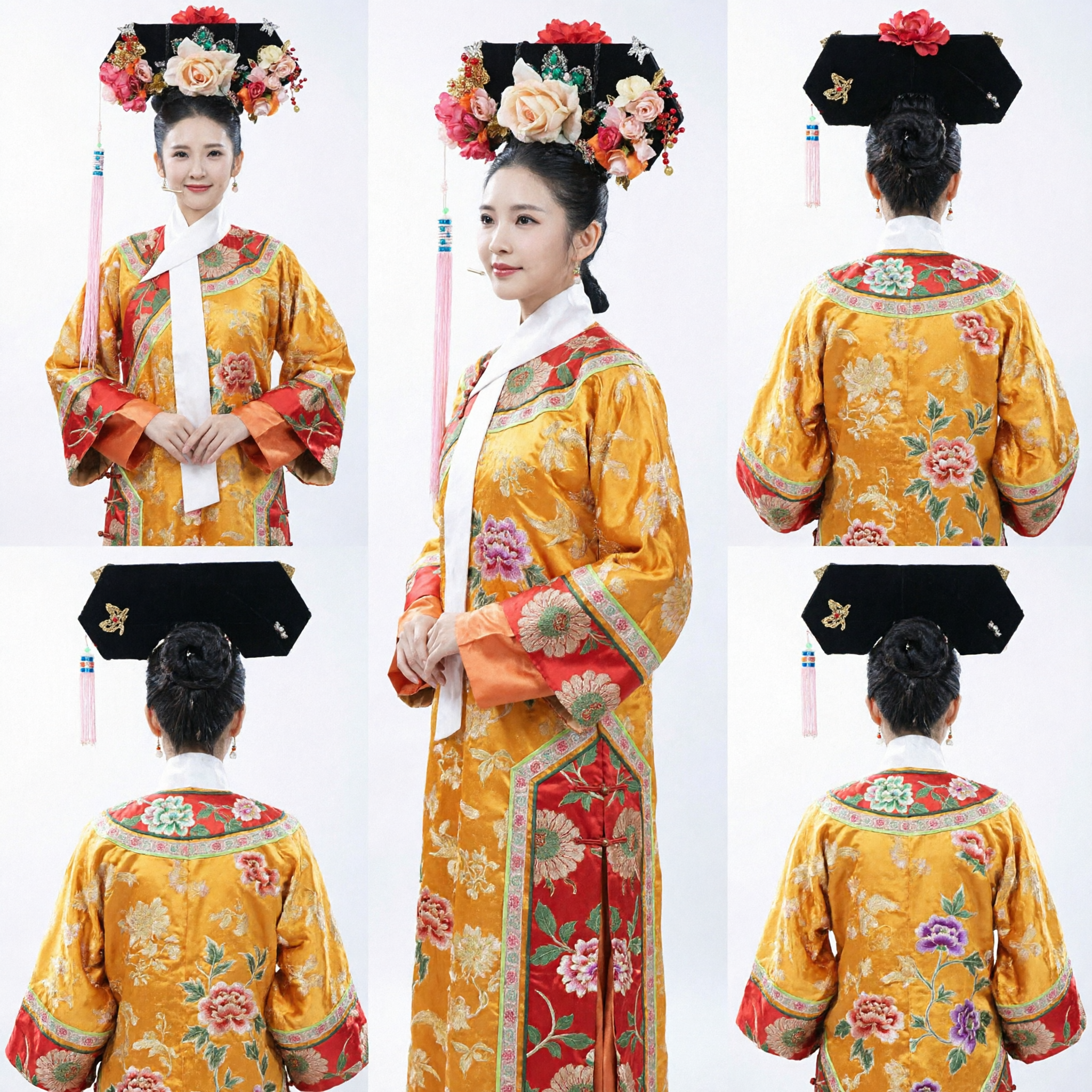 Traditional Chinese Qing Dynasty Empress Costume Yellow Embroidered Robe and Floral Headpiece for Women Stage Performance - Asian Costume