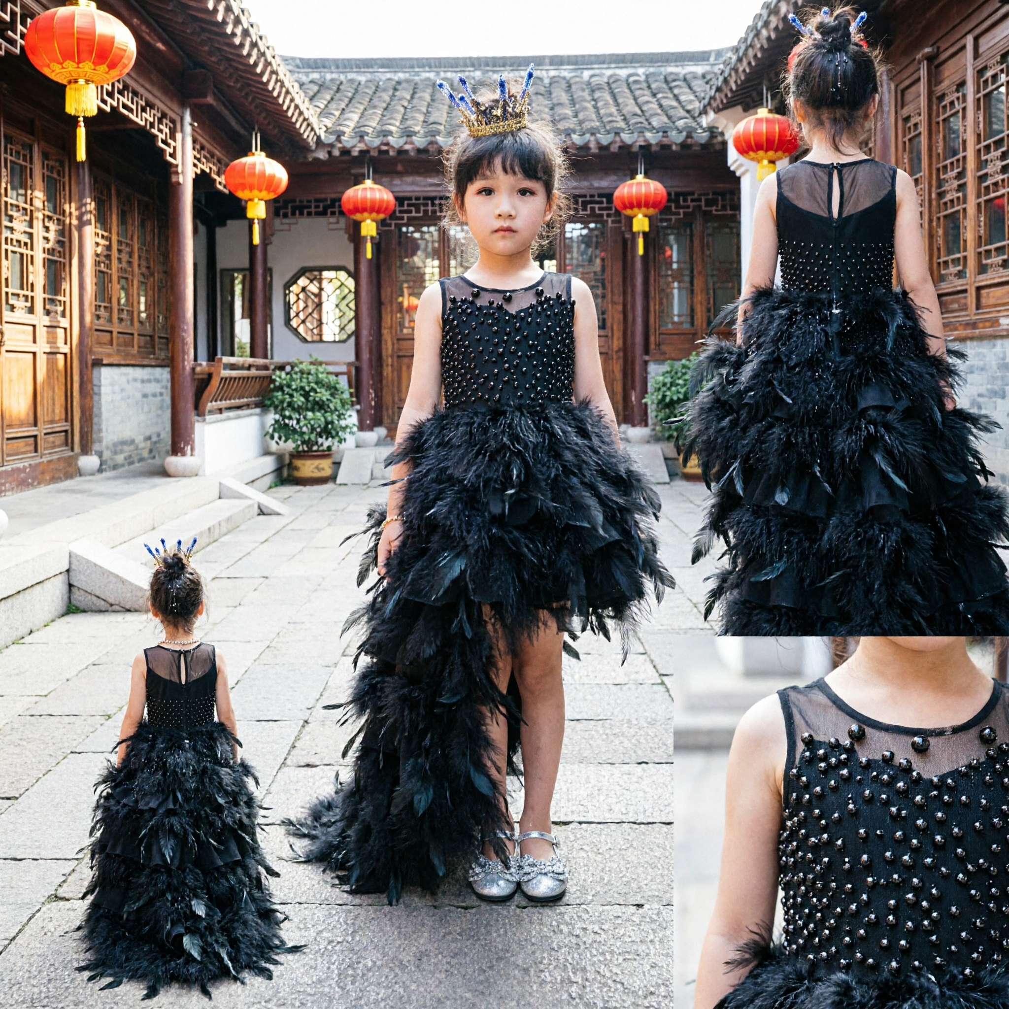 Kids Girls Black Polka Dot Tulle Party Dress Formal Pageant Gown with Crown Princess Costume - Asian Costume