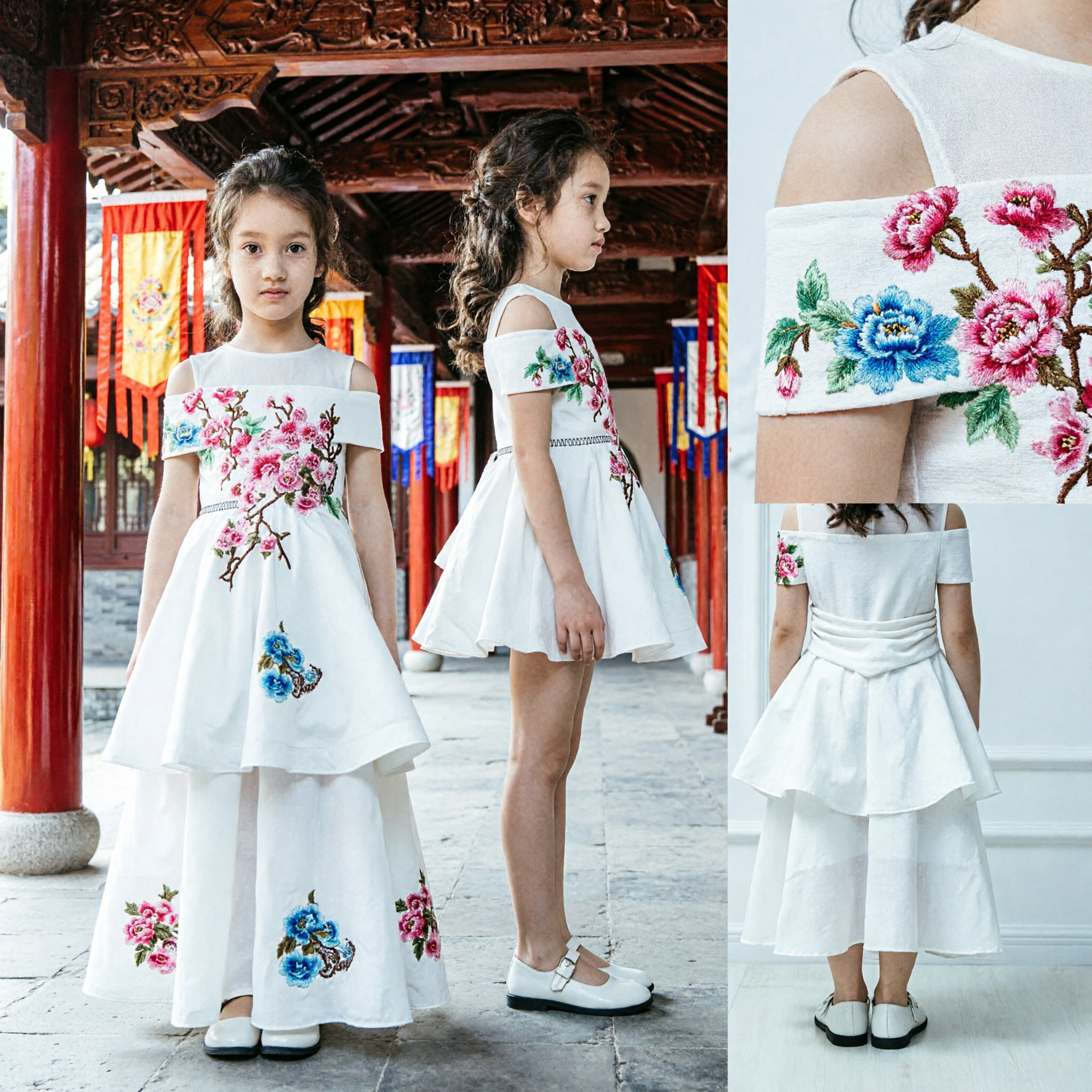 Girls White Off-Shoulder Floral Embroidery Dress Traditional Chinese Style Formal Party Performance Gown for Kids - Asian Costume