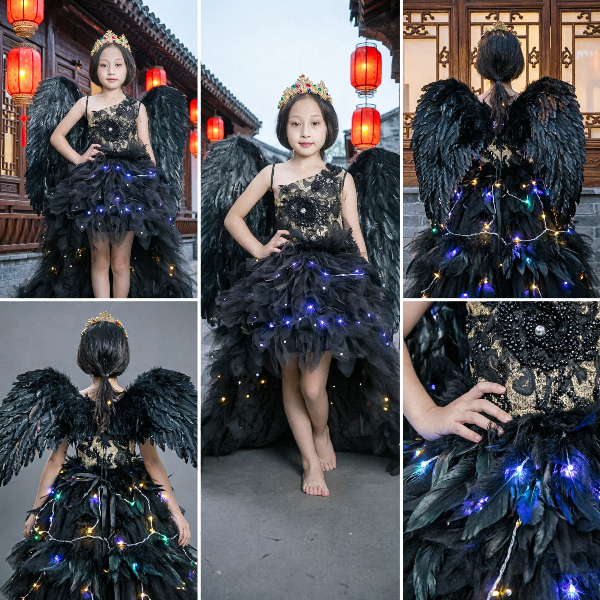 Girls Black Feather Angel Wings Costume LED Light Up Tutu Dress for Kids Halloween Stage Performance - Asian Costume