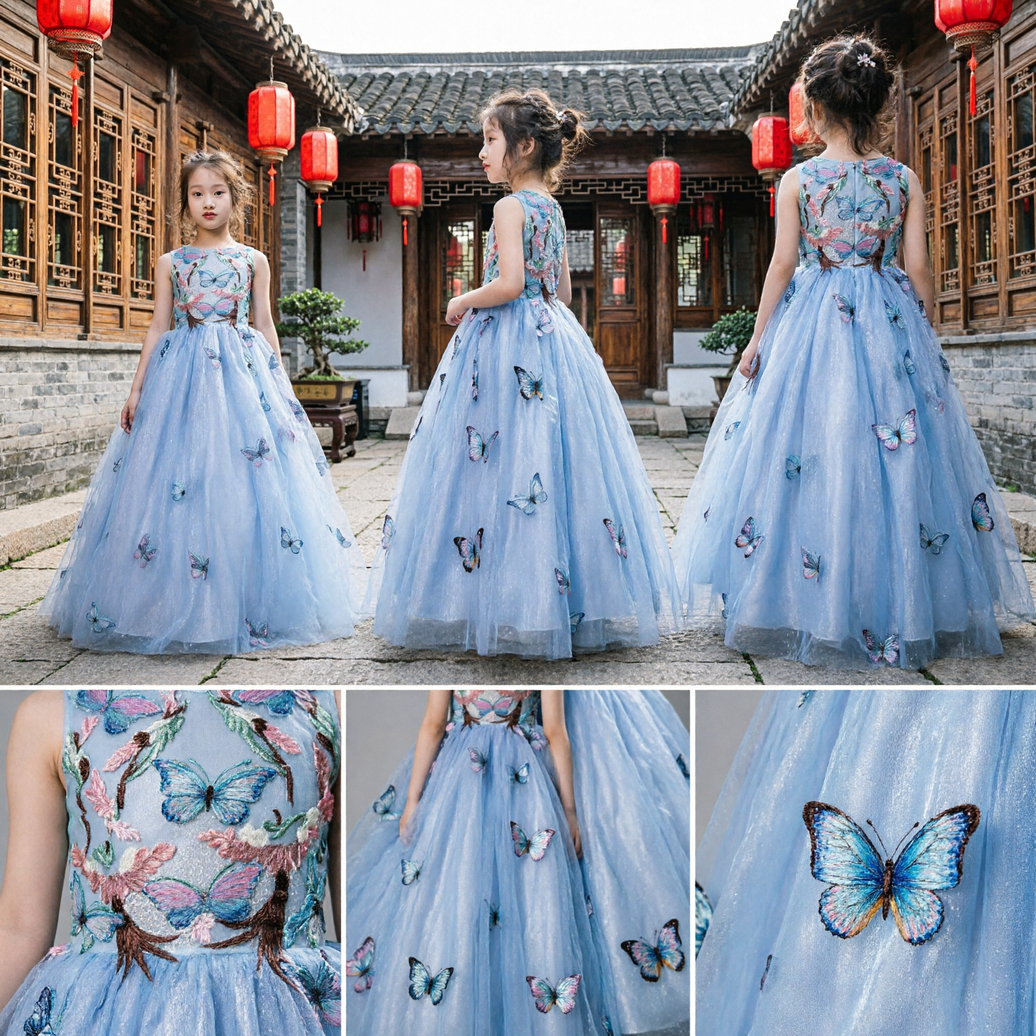 Girls Blue Butterfly Tulle Ball Gown Dress for Kids Formal Party Wedding Pageant Wear - Asian Costume