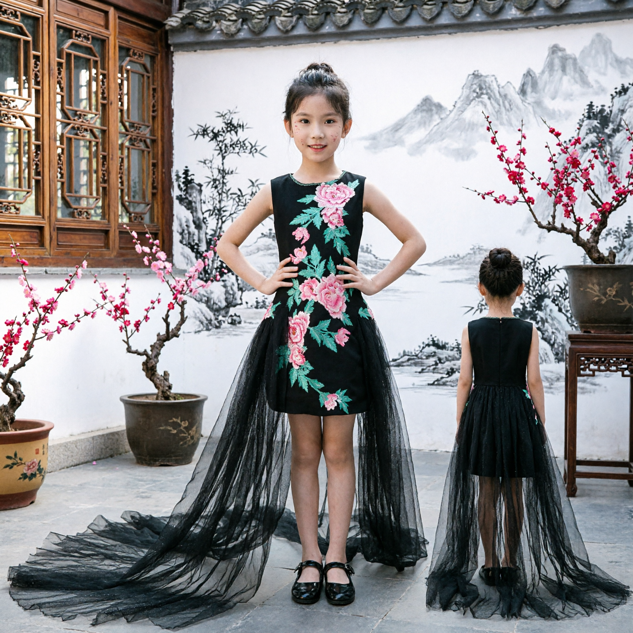 Girls Black Floral Embroidered Long Gown with Tulle Train for Stage Host and Formal Evening Wear - Asian Costume