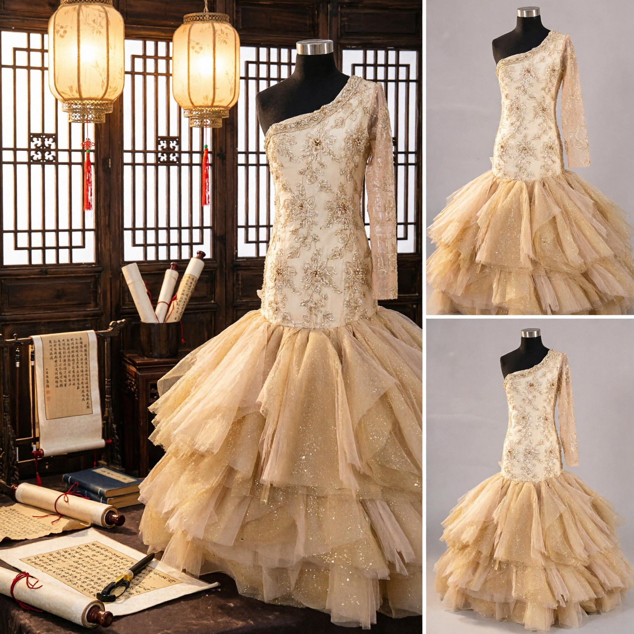 Gold One-Shoulder Mermaid Gown with Floral Embroidery and Tiered Tulle Skirt for Latin Dance Performance - Asian Costume