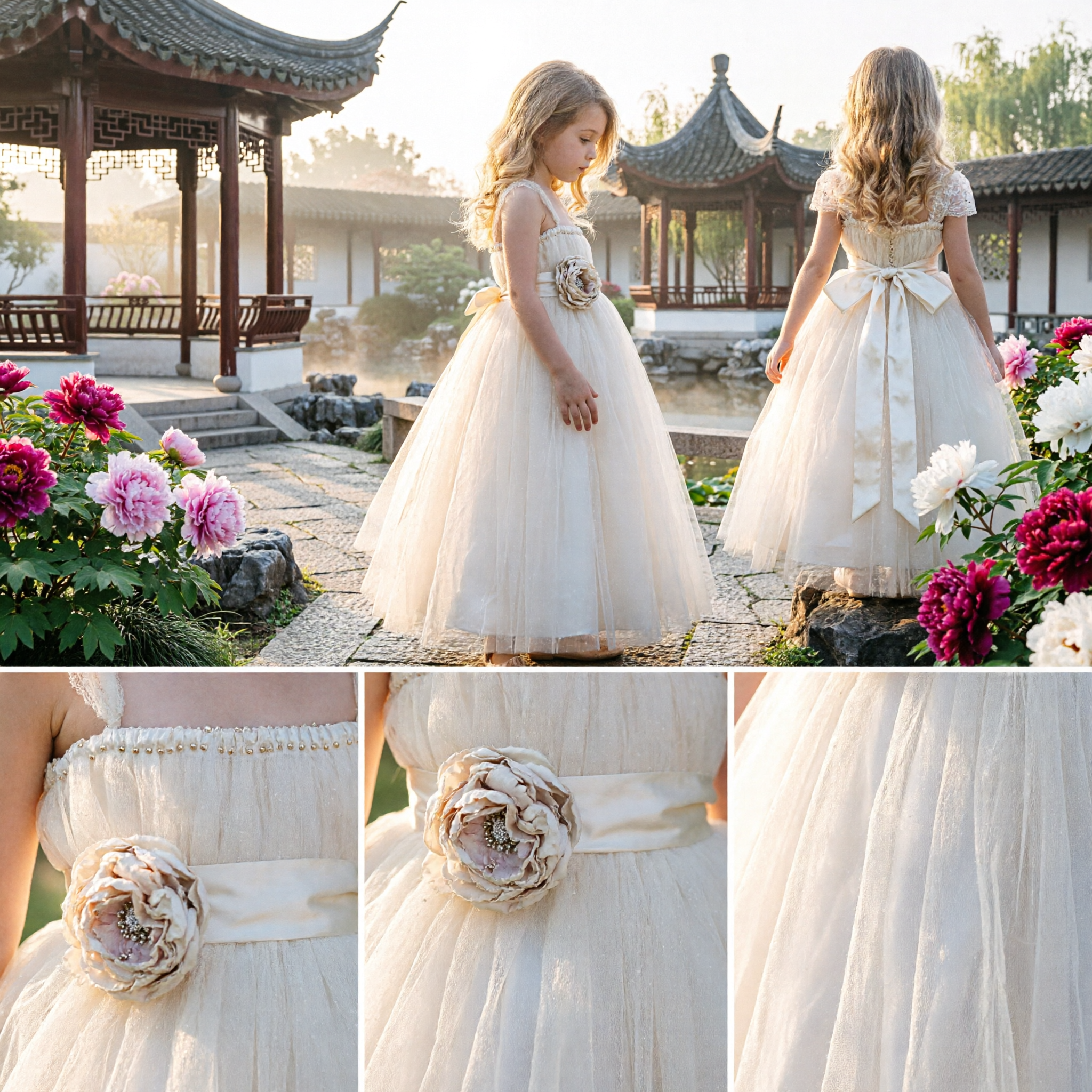 Elegant Cream Sleeveless Flower Girl Dress for Wedding Kids Formal Tulle Ballgown with Floral Sash - Asian Costume