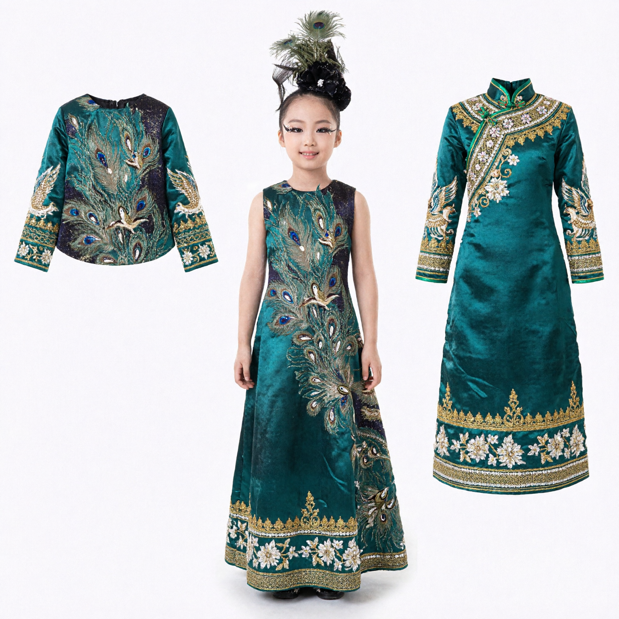 Girls Peacock Dance Costume Traditional Chinese Stage Performance Dress Kids Folk Dance Wear with Headpiece - Asian Costume