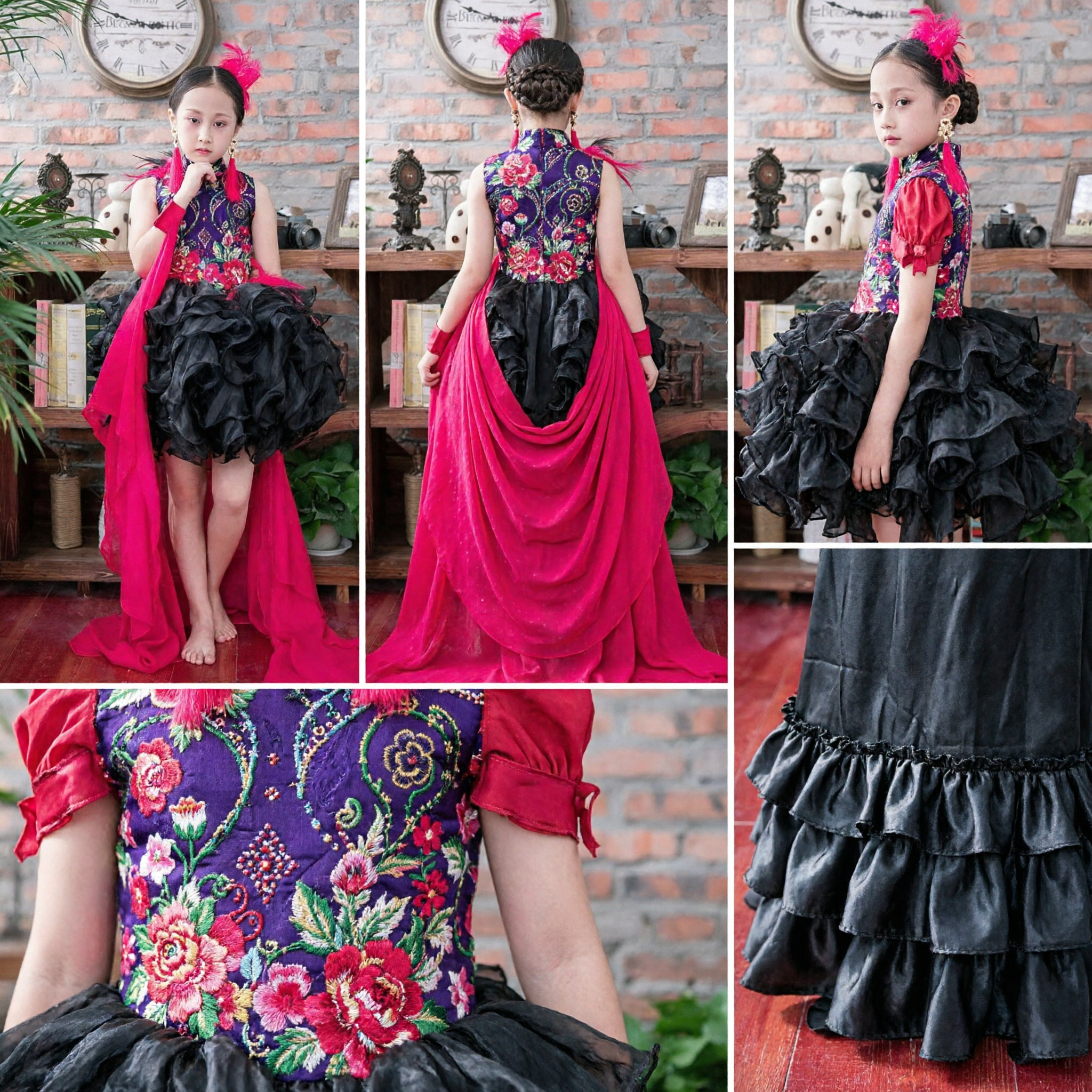 Kids Girls Chinese Traditional Folk Dance Costume Purple Floral Embroidered Top Black Ruffle Skirt Performance Dress - Asian Costume