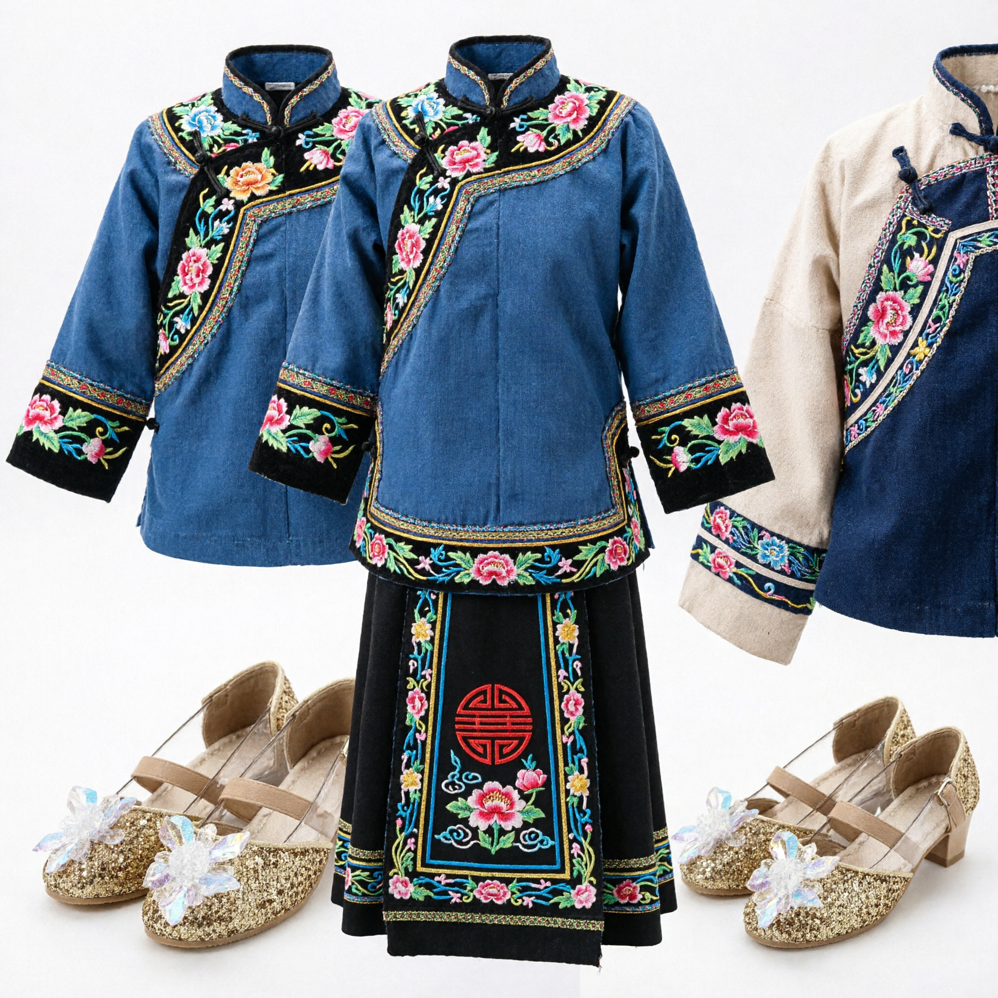 Gold Glitter Mary Jane Shoes for Girls with Sparkly Butterfly for Wedding Party Traditional Costume - Asian Costume