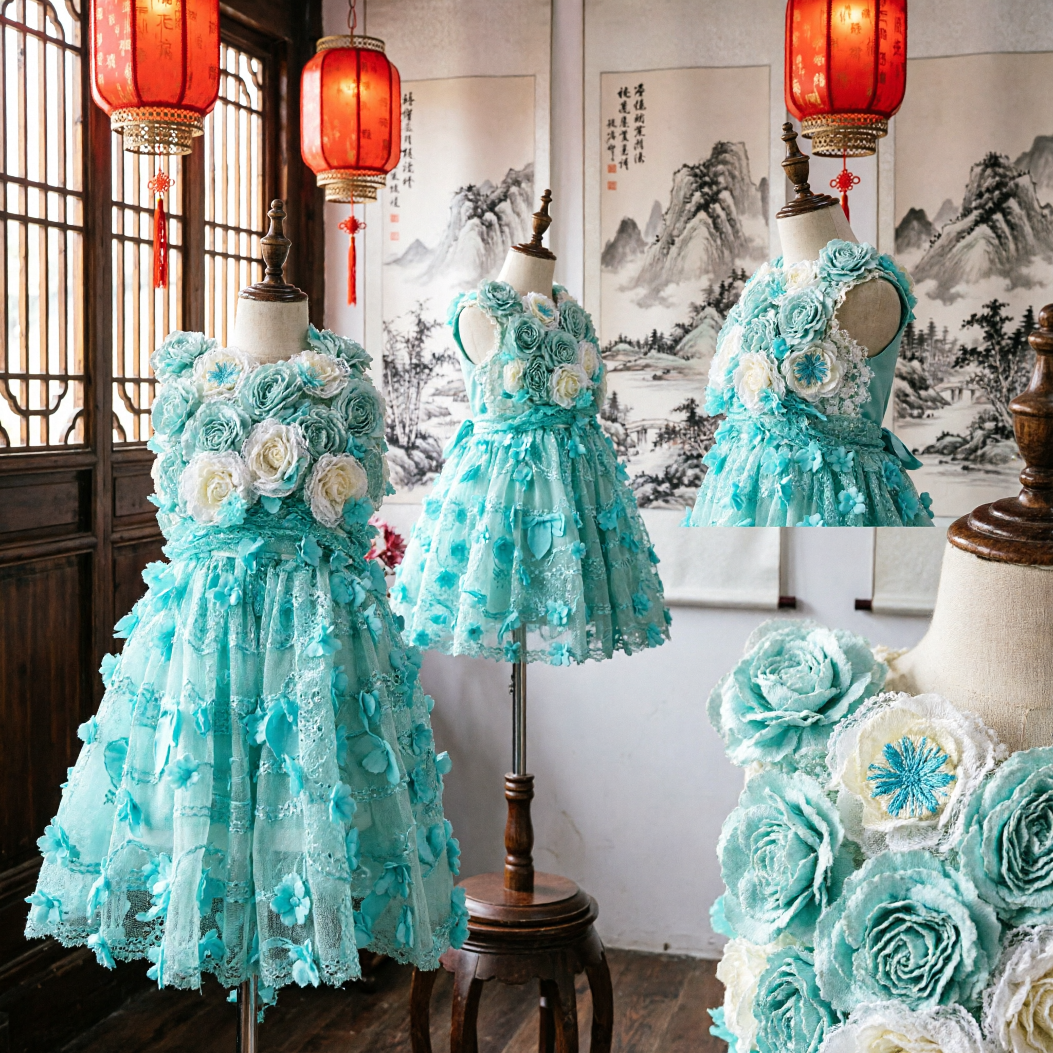 Elegant Blue 3D Rosette Flower Girl Dress for Kids Princess Wedding Pageant Party Wear - Asian Costume