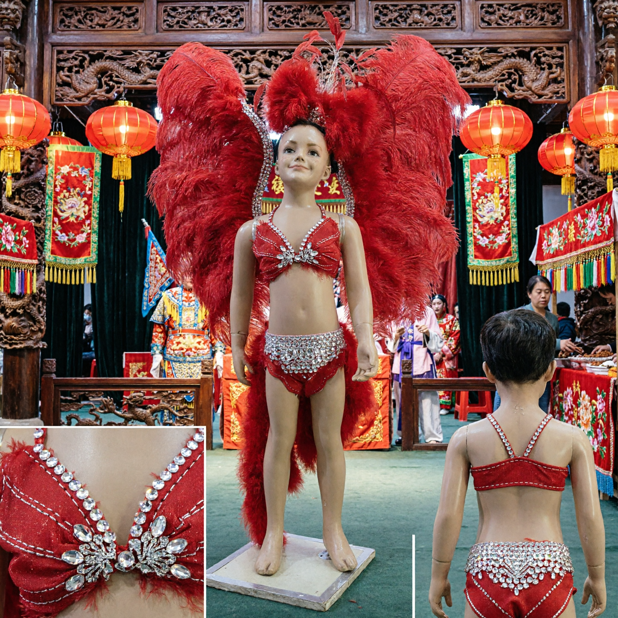 Kids Red Feather Samba Carnival Costume Wings Headpiece Bikini Set for Stage Dance Performance - Asian Costume