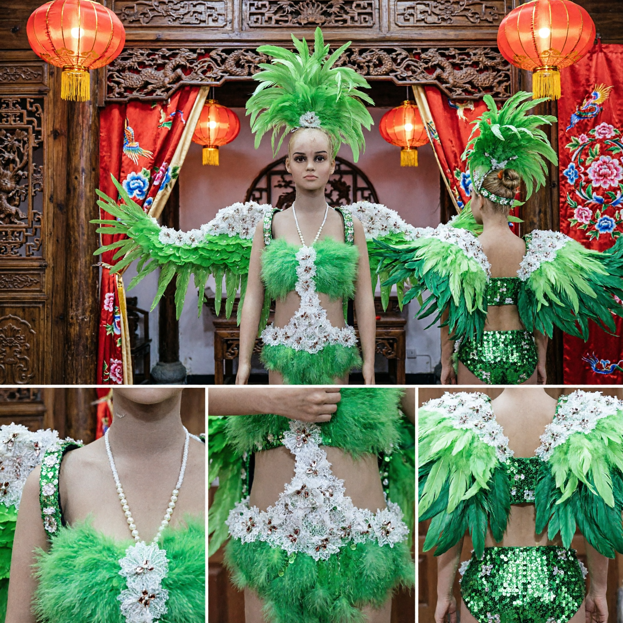 Women's Green Feather Carnival Samba Costume Set with Headdress and Wings for Rio Parade Performance - Asian Costume