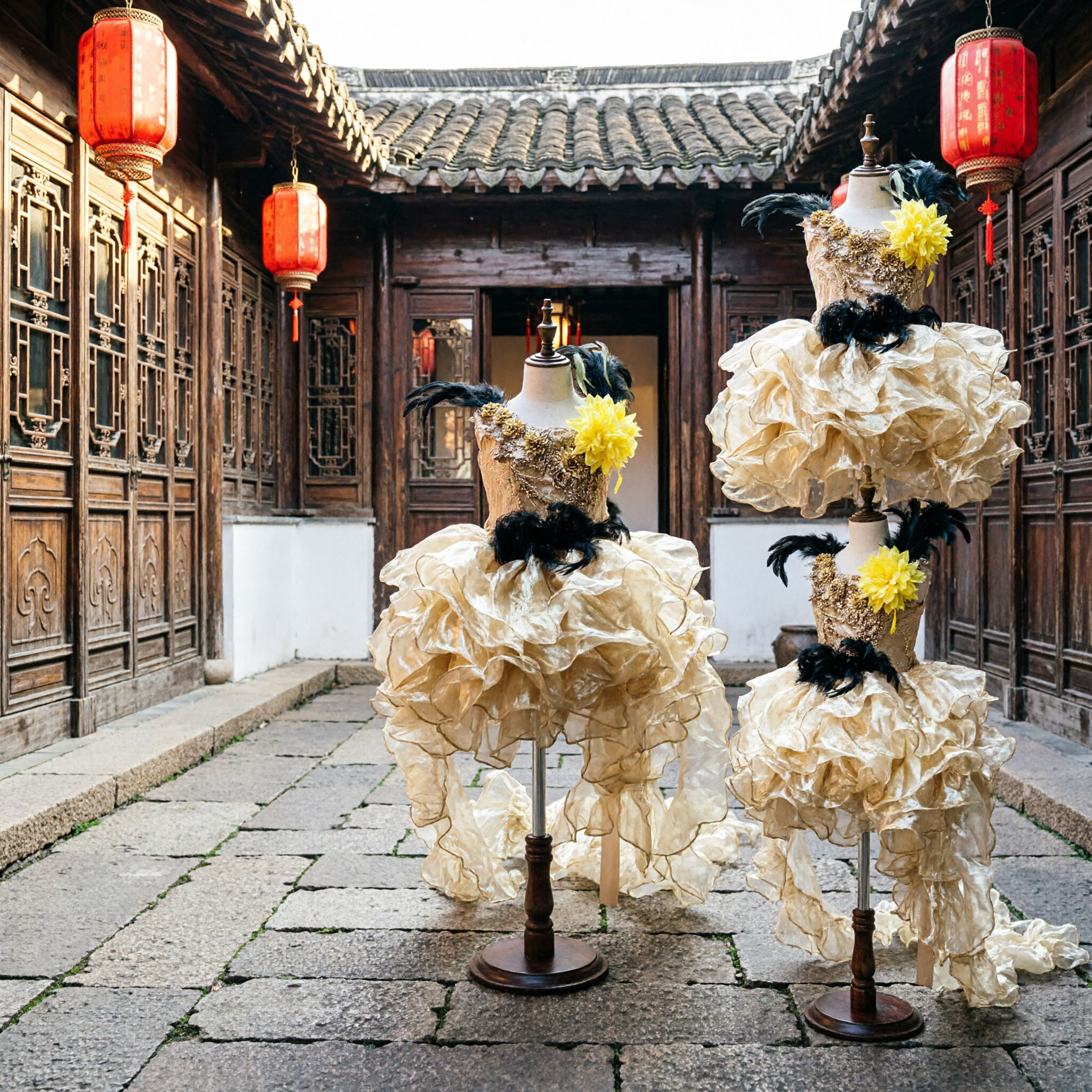 Girls Gold Latin Dance Dress Sequin Ballroom Stage Costume with Feathers and Ruffled Skirt - Asian Costume