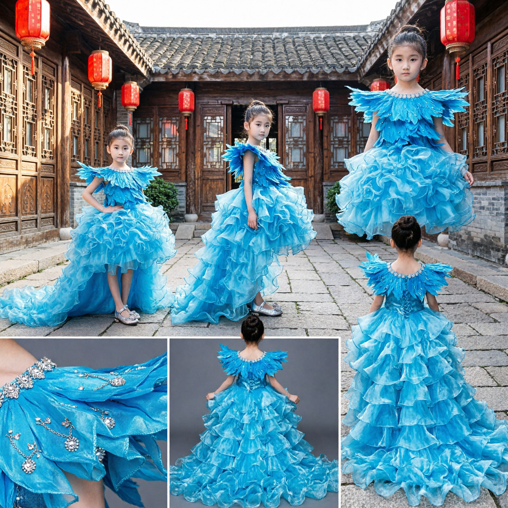 Girls Blue Peacock Feather Stage Performance Dress Kids Formal Ball Gown for Dance Competition - Asian Costume