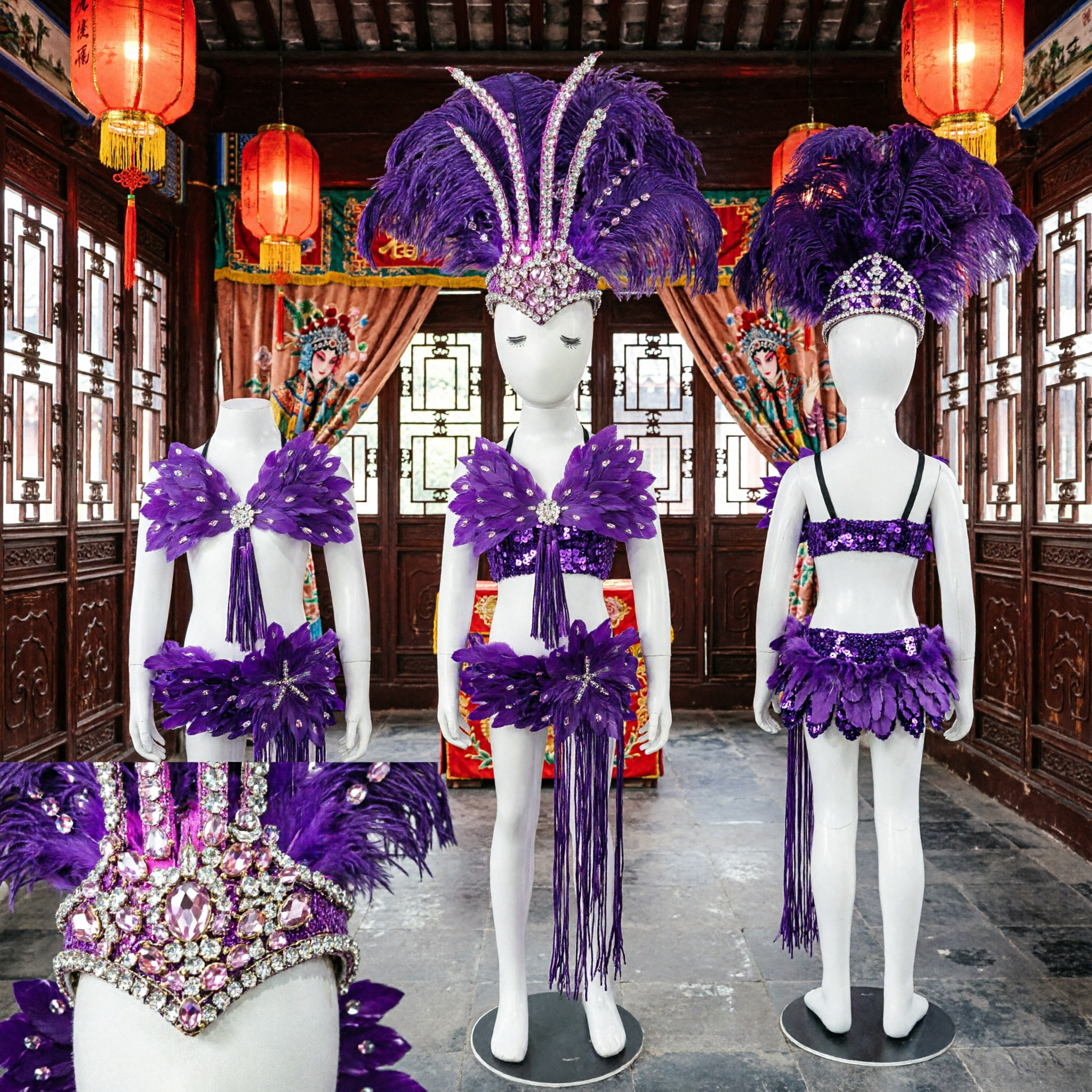 Purple Feather Headdress and Sequin Bikini Set for Samba Carnival Showgirl Stage Performance Dance - Asian Costume