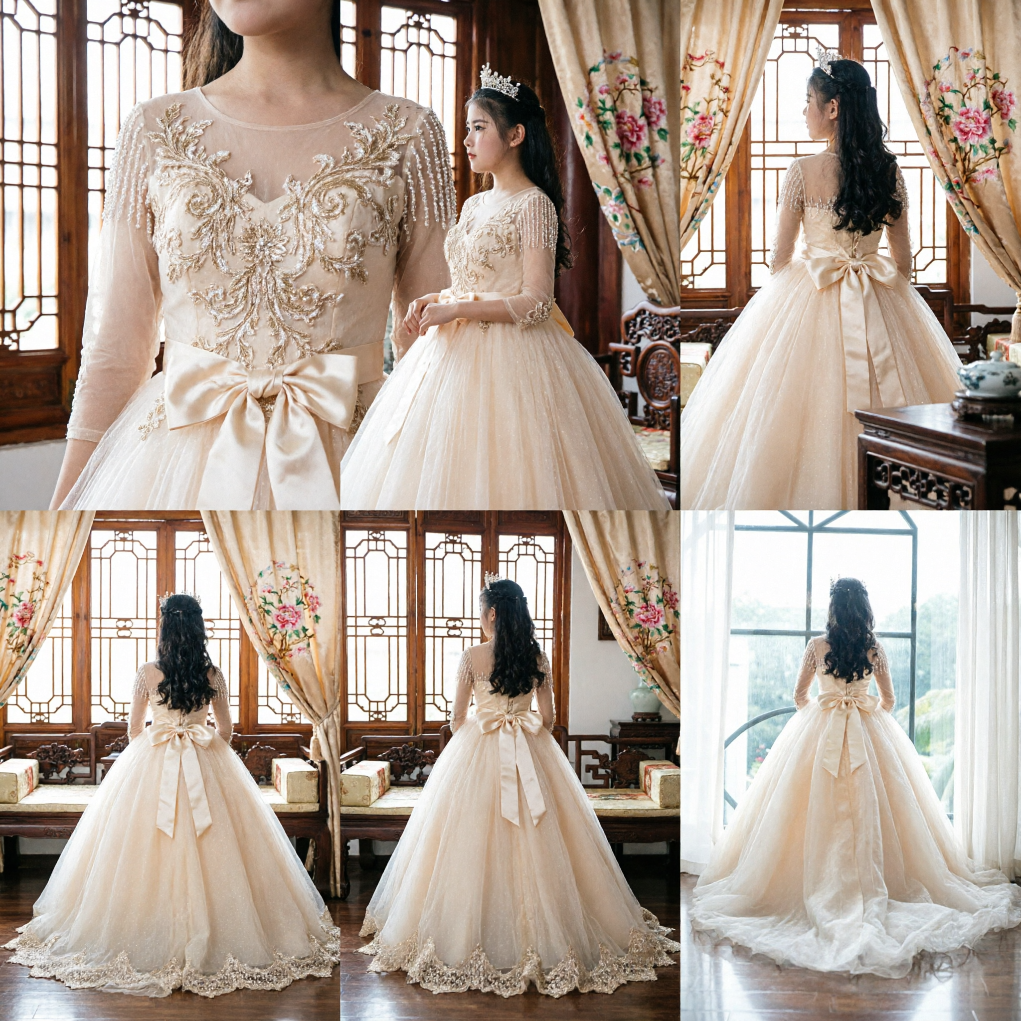 Elegant Champagne Tulle Ball Gown Flower Girl Dress with Big Bow for Kids Wedding Pageant - Asian Costume