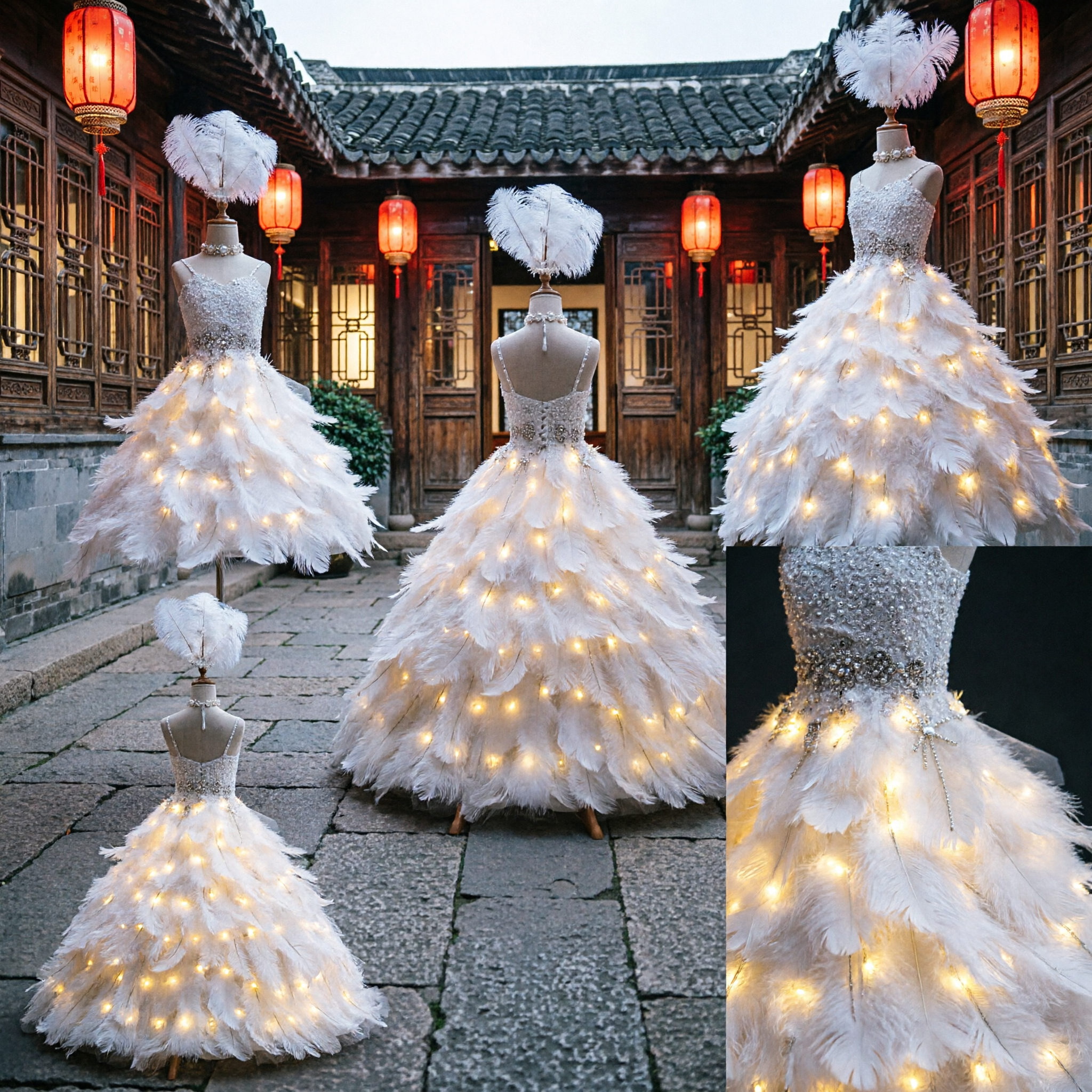 Women's White Feather LED Light-Up Ballgown Stage Performance Costume for Dance and Gala Events - Asian Costume