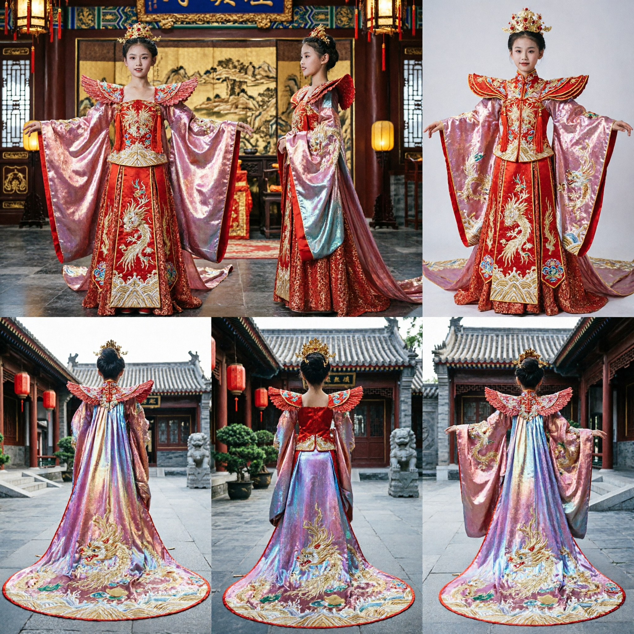 Kids Girls Red Sequin Pageant Gown with Iridescent Butterfly Wings for Stage Dance Performance - Asian Costume