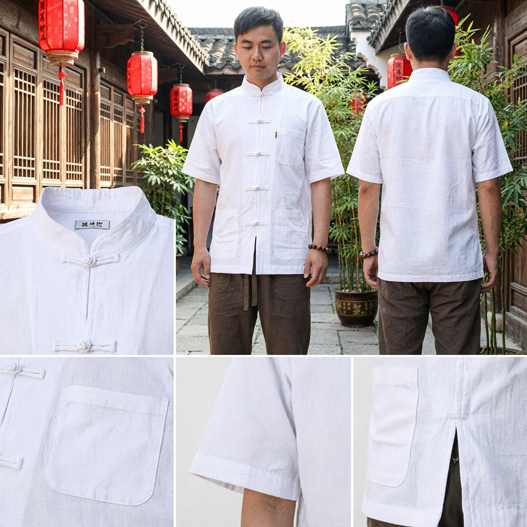 Men's Traditional Chinese Tang Suit Short Sleeve Linen Shirt Casual Kung Fu Tai Chi Top - Asian Costume