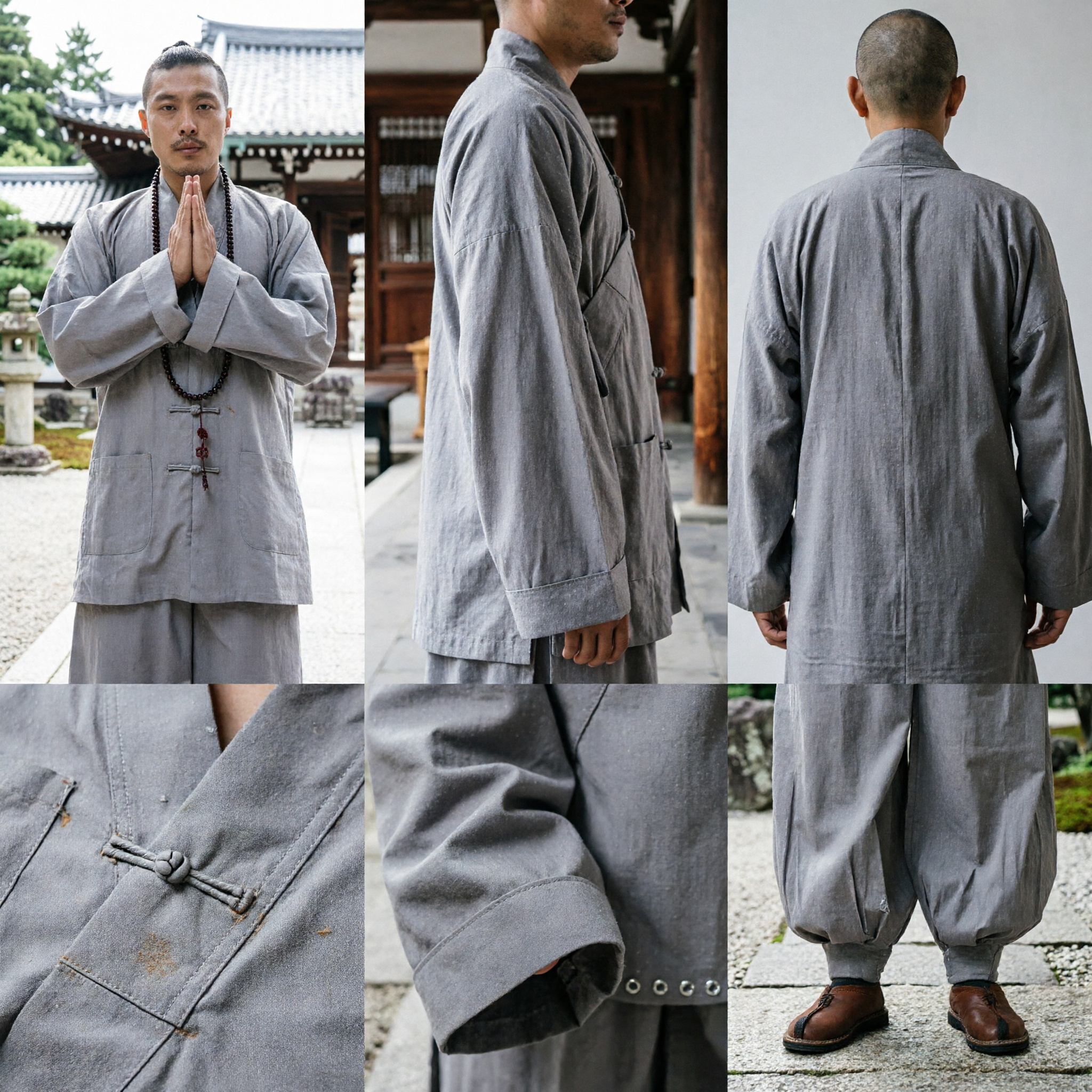 Traditional Chinese Grey Kung Fu Suit Men's Tai Chi Uniform Buddhist Monk Robe for Martial Arts - Asian Costume