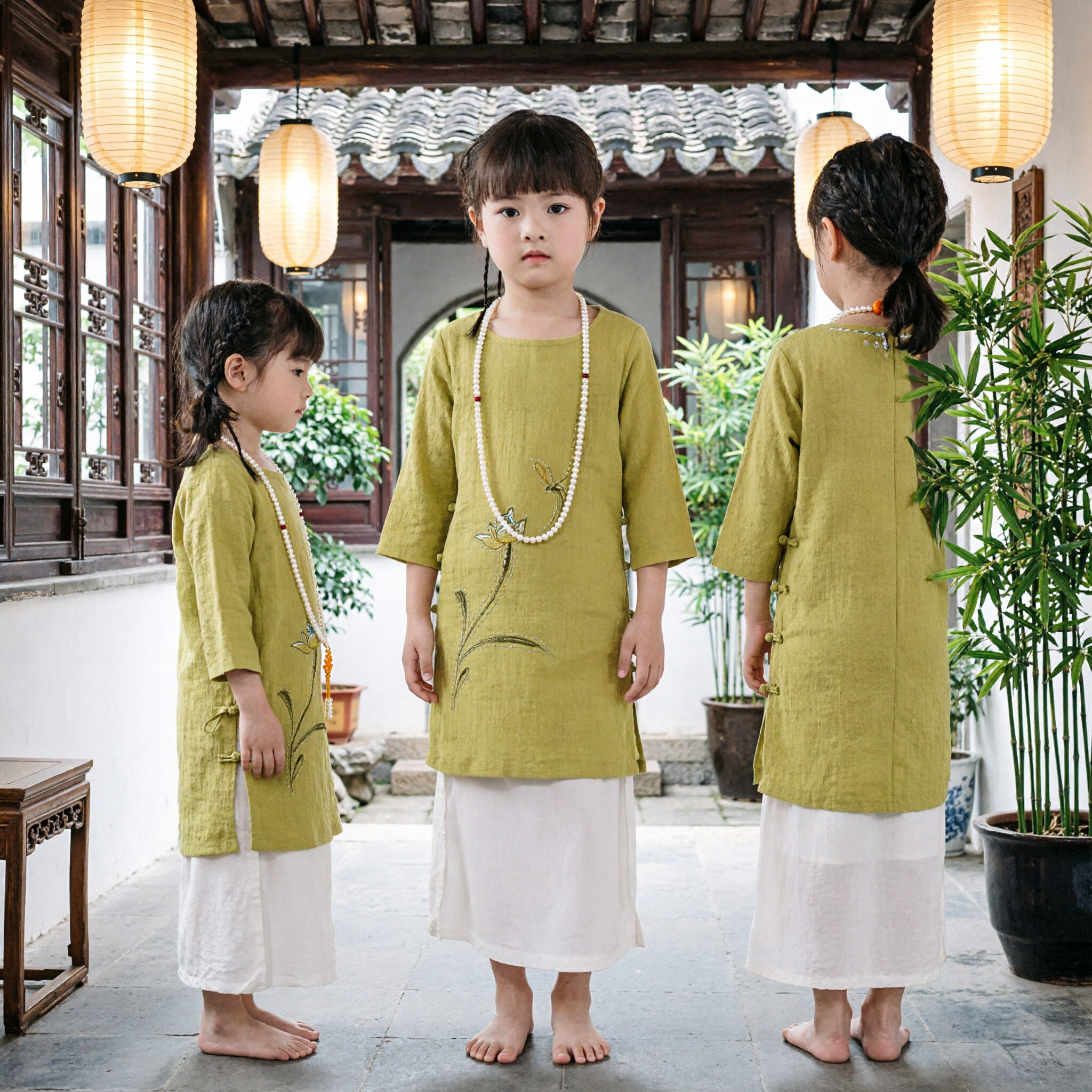 Kids Girls Traditional Chinese Zen Linen Dress Long Sleeve Floral Embroidery Tea Ceremony Performance Costume - Asian Costume