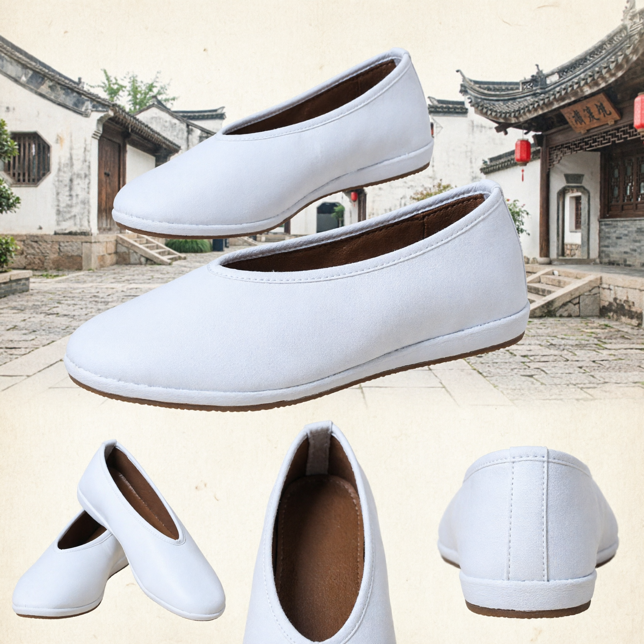 White Leather Traditional Chinese Kung Fu Shoes for Tai Chi Martial Arts Performance and Hanfu Costume - Asian Costume