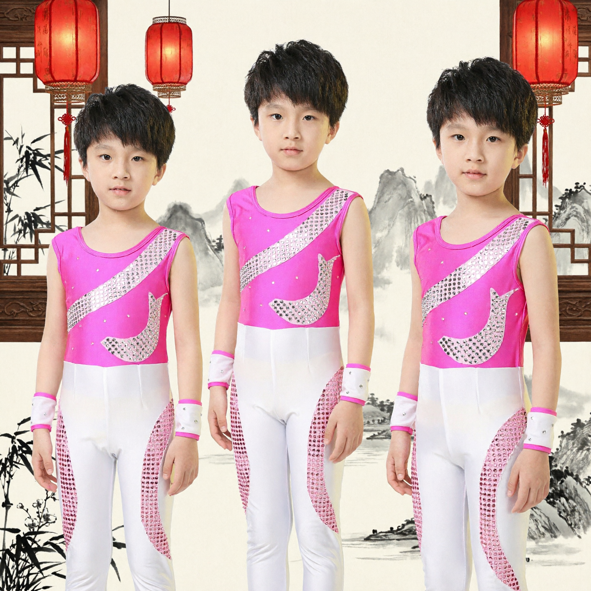 Boys Pink Sequin Modern Dance Performance Costume Sleeveless Top and White Pants Set for Stage - Asian Costume