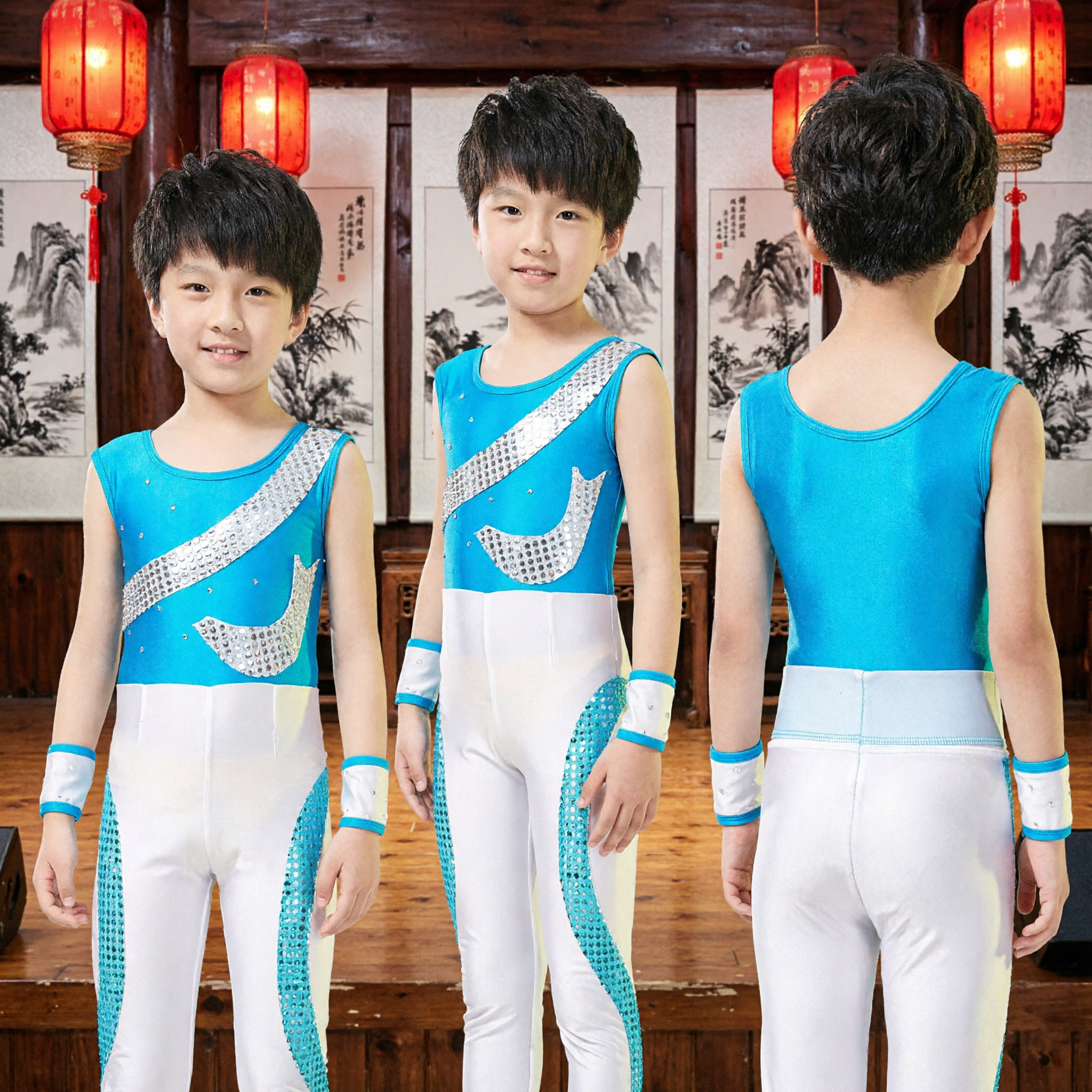 Boys Modern Dance Gymnastics Costume Blue Sequin Leotard and Pants Set for Kids Stage Performance - Asian Costume
