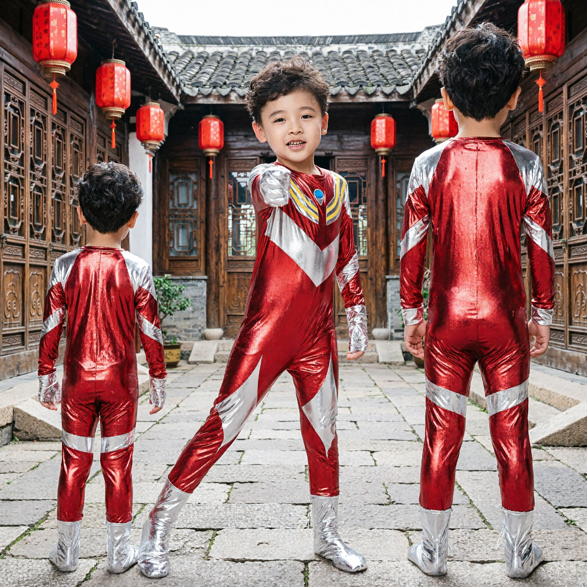 Boys Ultraman Superhero Costume Red Silver Spandex Bodysuit for Kids Halloween Cosplay Stage Performance - Asian Costume