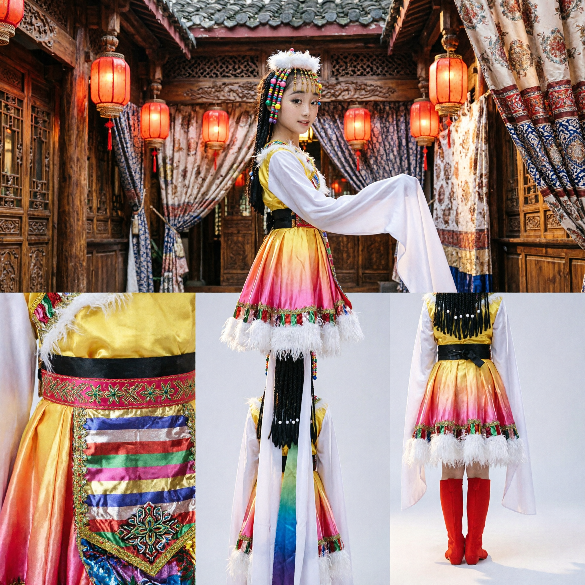 Girls Traditional Tibetan Dance Costume Chinese Ethnic Folk Performance Dress with Long Water Sleeves and Headdress - Asian Costume