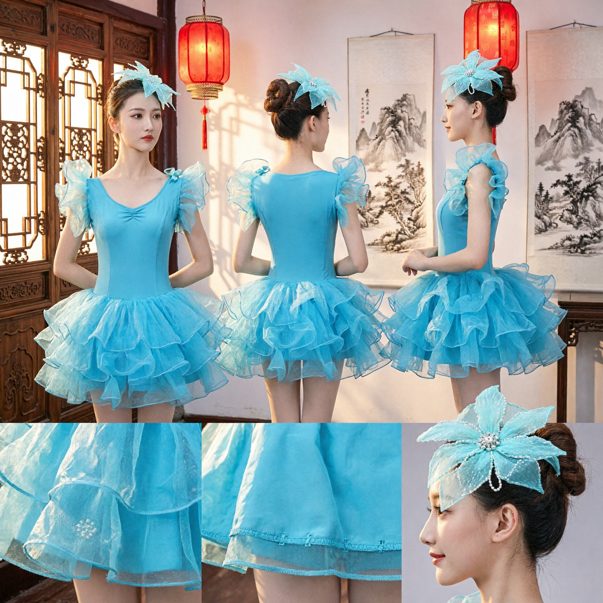 Light Blue Ruffled Ballet Tutu Dress with Flower Headpiece for Women Lyrical Dance Performance Stage Costume - Asian Costume