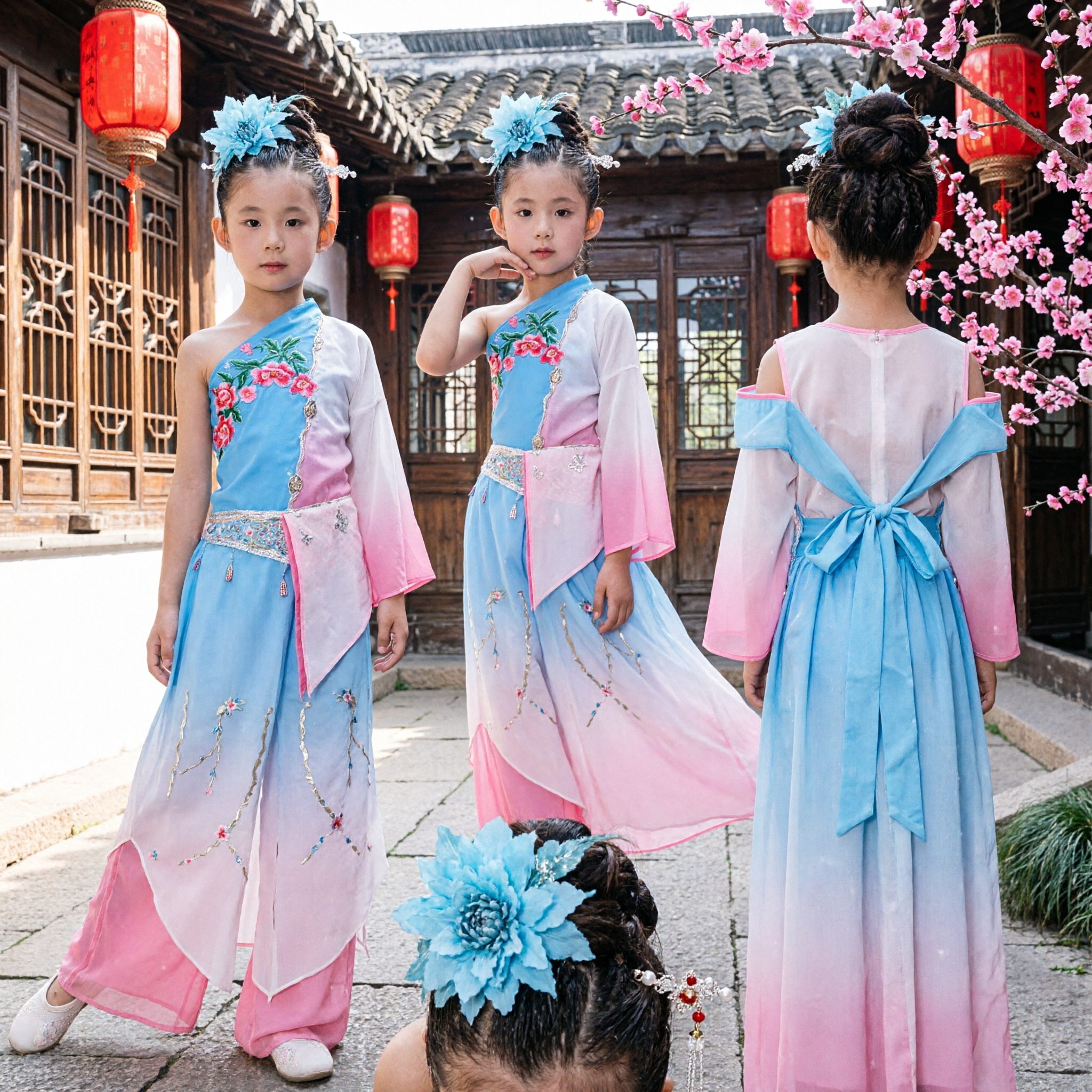 Kids Chinese Classical Dance Costume Girls Blue Pink Floral Embroidery Performance Wear for Stage - Asian Costume