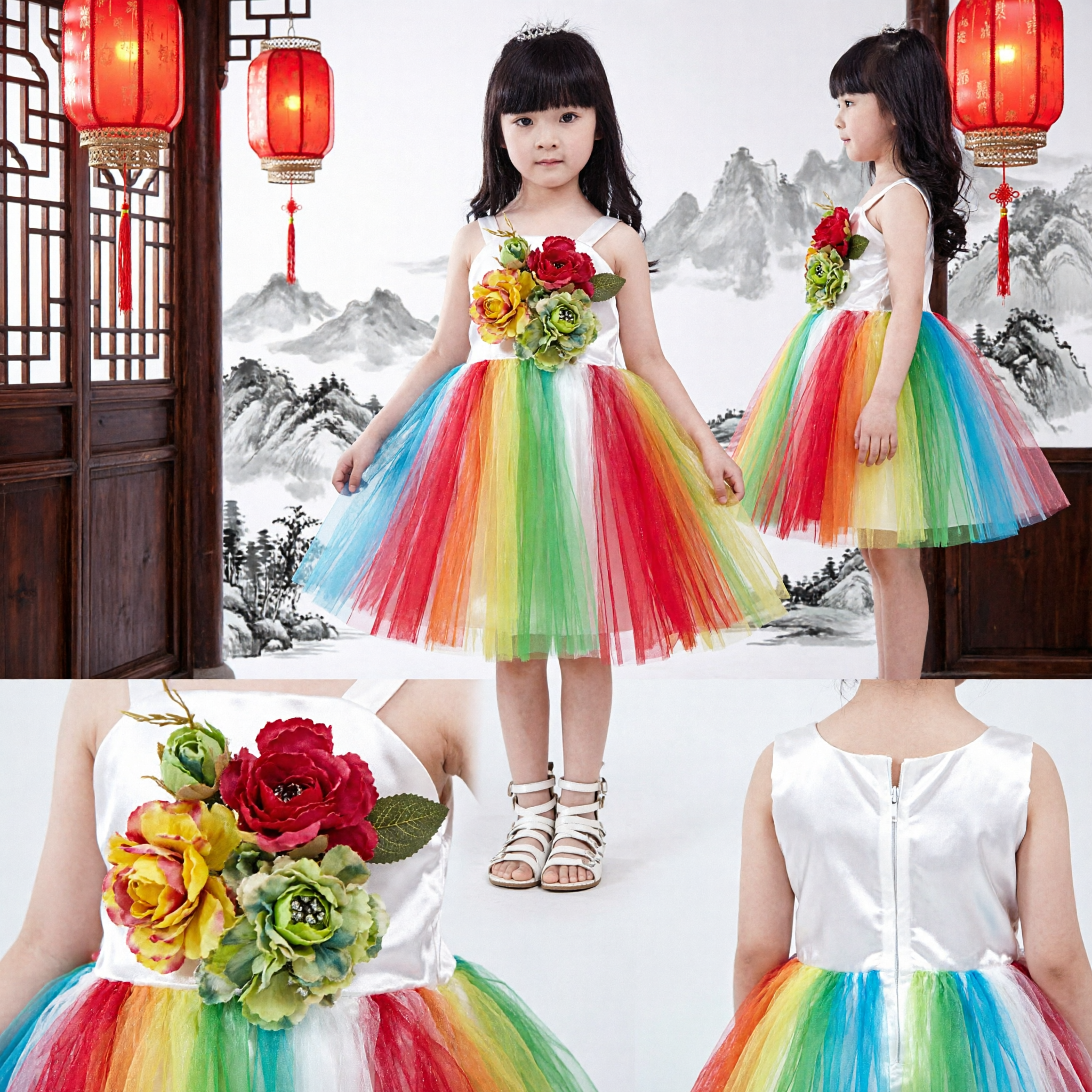 Vibrant Rainbow Tulle Tutu Dress for Girls Kids Flower Stage Performance Costume Party Wear - Asian Costume