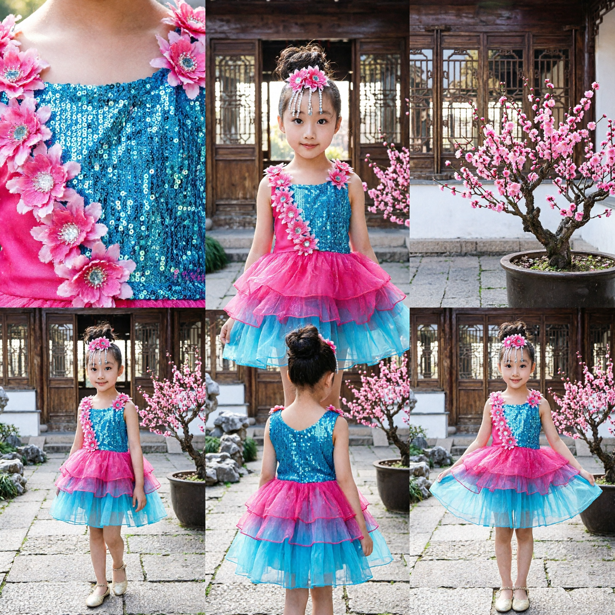 Girls Latin Dance Costume Blue Pink Sequin Tutu Dress Kids Stage Performance Outfit with Flower Headpiece - Asian Costume