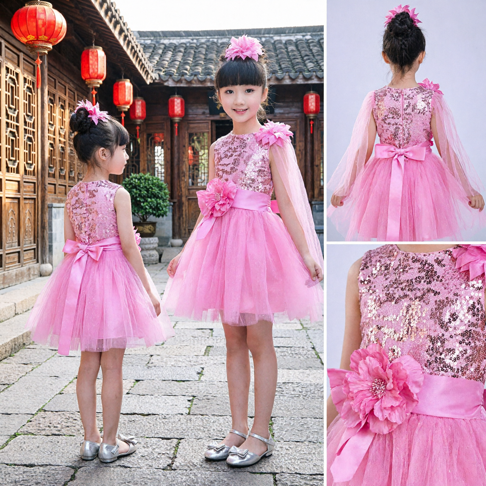 Girls Pink Sequin and Tulle Performance Dress with Flower Accents for Stage Hosting and Dance Recital - Asian Costume
