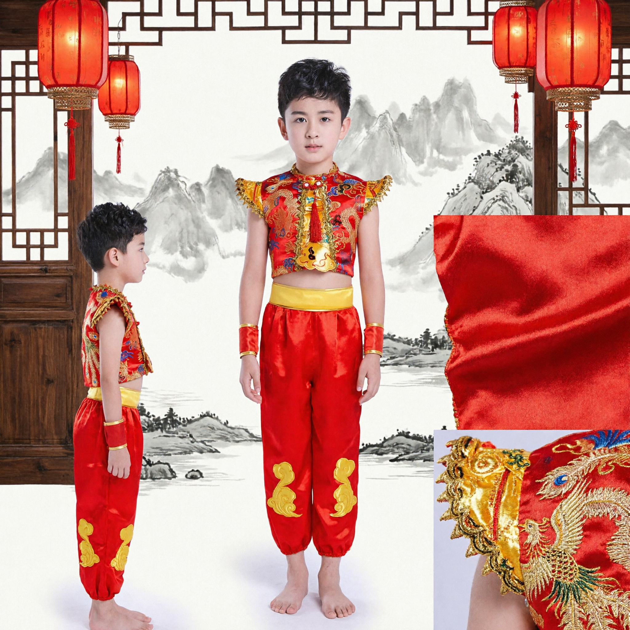 Boys Traditional Chinese Red Dragon Embroidered Kung Fu Costume for Folk Dance and Martial Arts Performance - Asian Costume