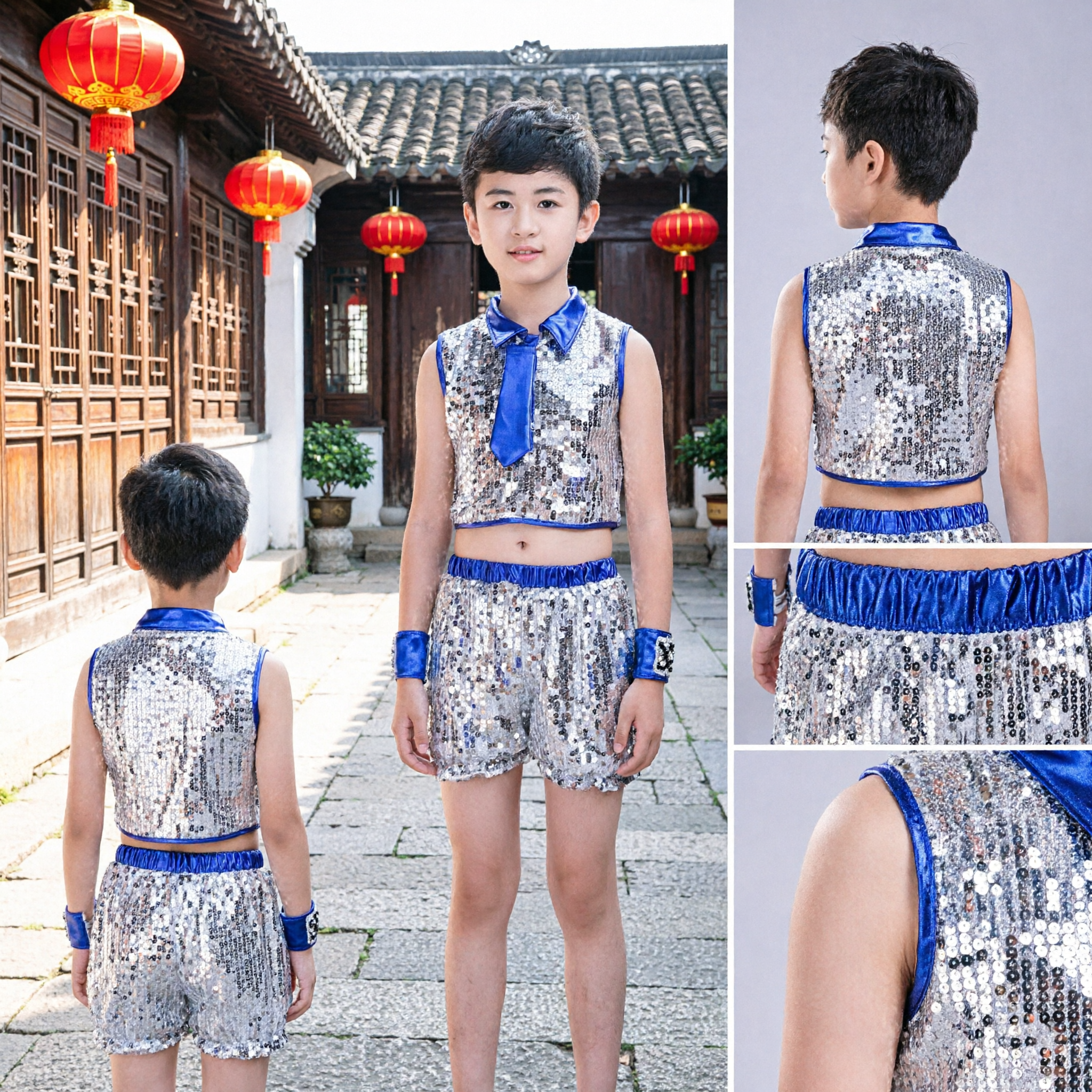 Boys Silver Sequin Jazz Dance Costume Hip Hop Stage Performance Outfit with Blue Tie - Asian Costume