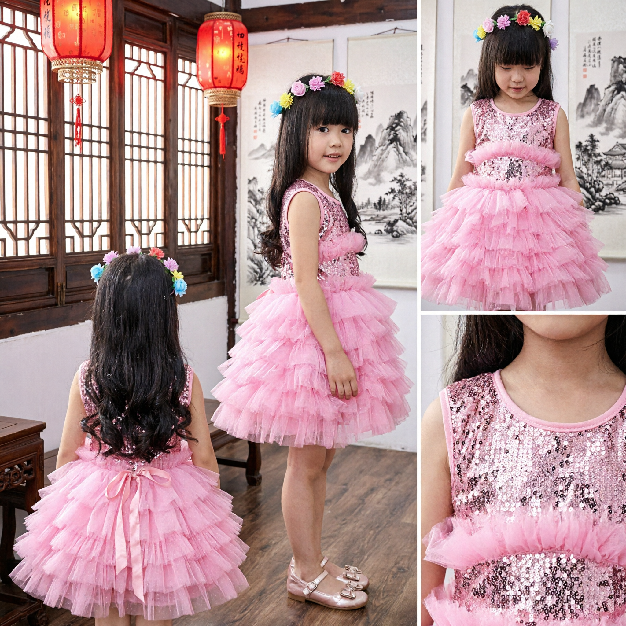 Girls Pink Sequin Tutu Dress with Floral Headband for Party Dance Performance Princess Costume - Asian Costume